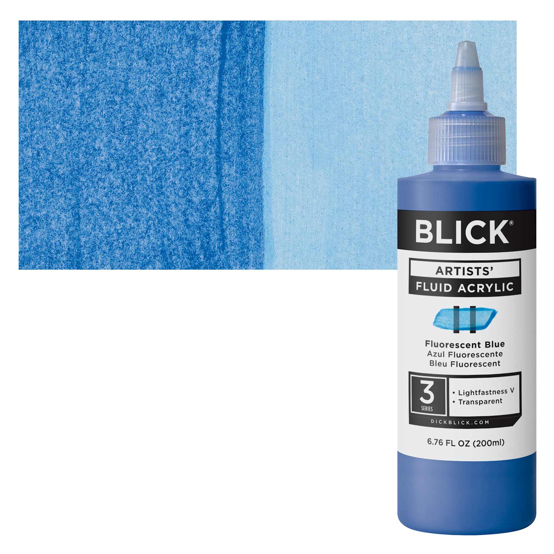 Blick Artists’ Fluid Acrylic - Fluorescent Blue, 200 ml bottle and swatch