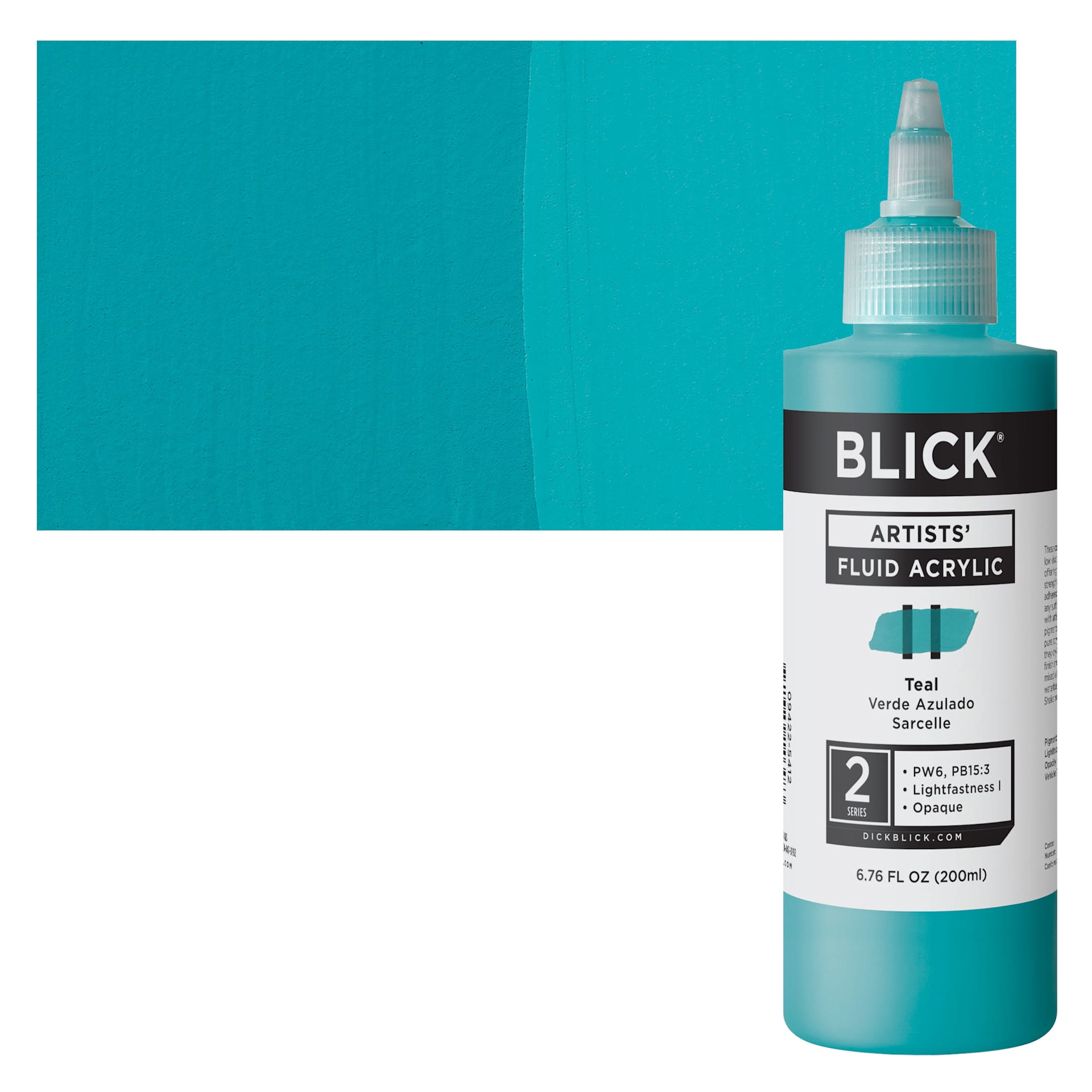 Blick Artists’ Fluid Acrylic - Teal, 200 ml bottle and swatch