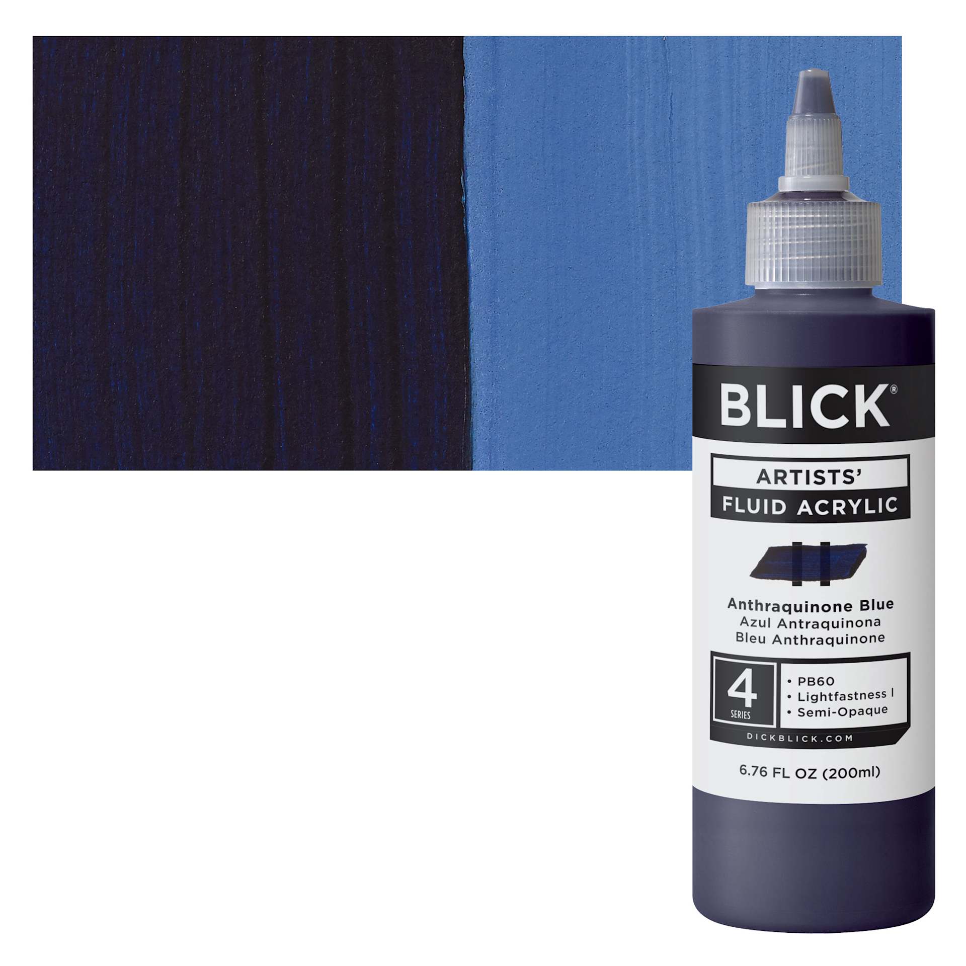 Blick Artists’ Fluid Acrylic - Anthraquinone Blue, 200 ml bottle and swatch
