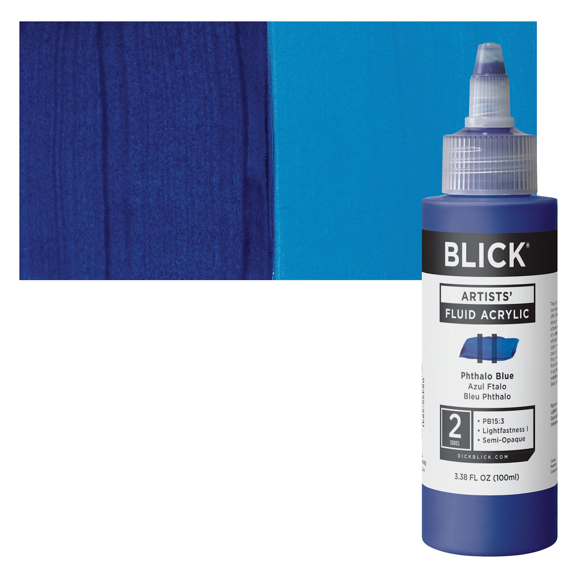 Blick Artists’ Fluid Acrylic - Phtalo Blue, 100 ml Bottle and Swatch