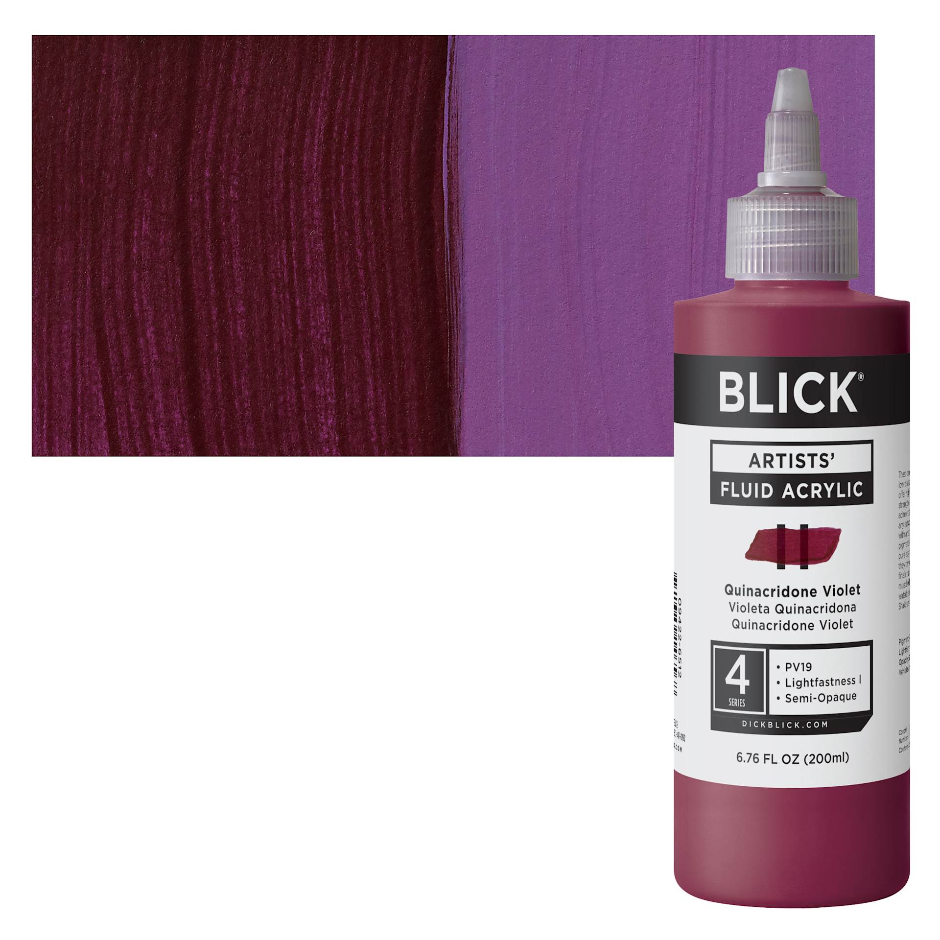 Blick Artists’ Fluid Acrylic - Quinacridone Violet, 200 ml bottle and swatch
