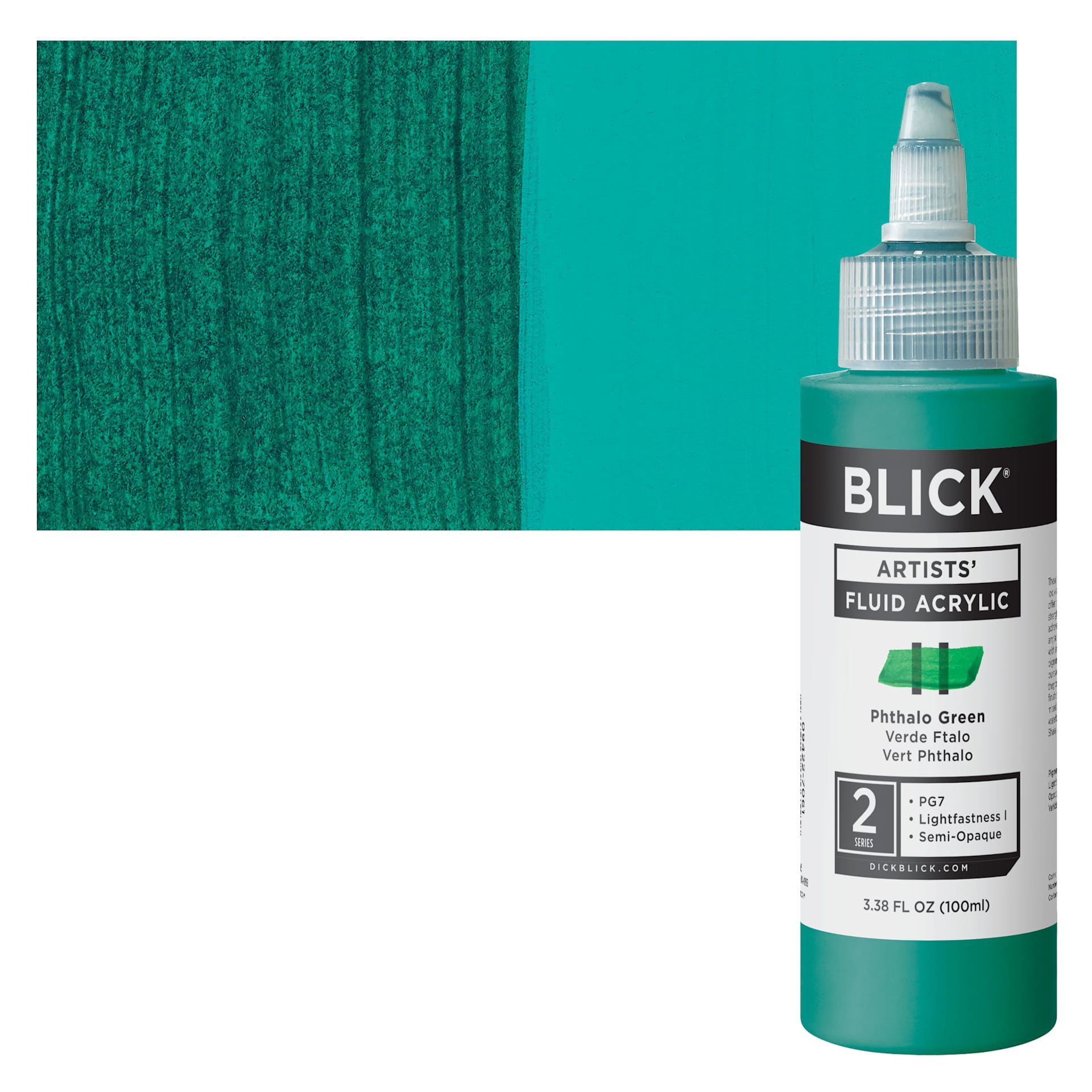 Blick Artists’ Fluid Acrylic - Phthalocyanine Green, 100 ml Bottle and Swatch