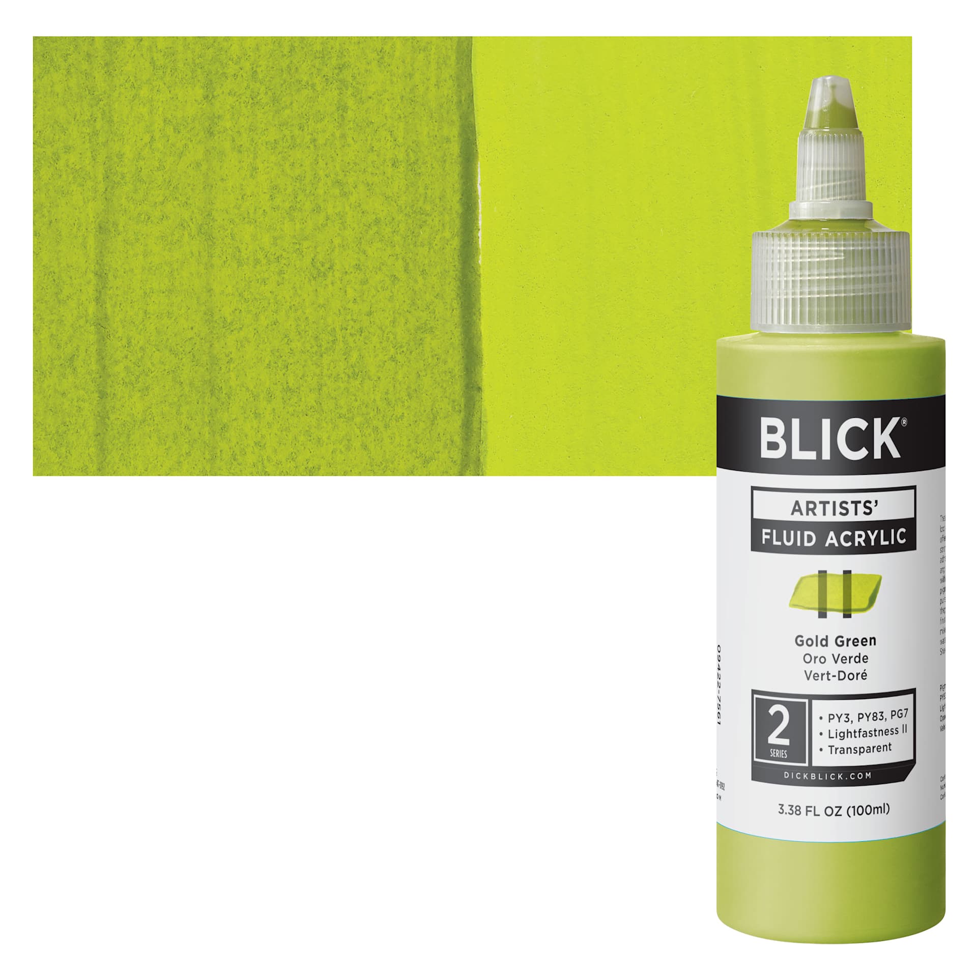 Blick Artists’ Fluid Acrylic - Gold Green, 100 ml bottle and swatch