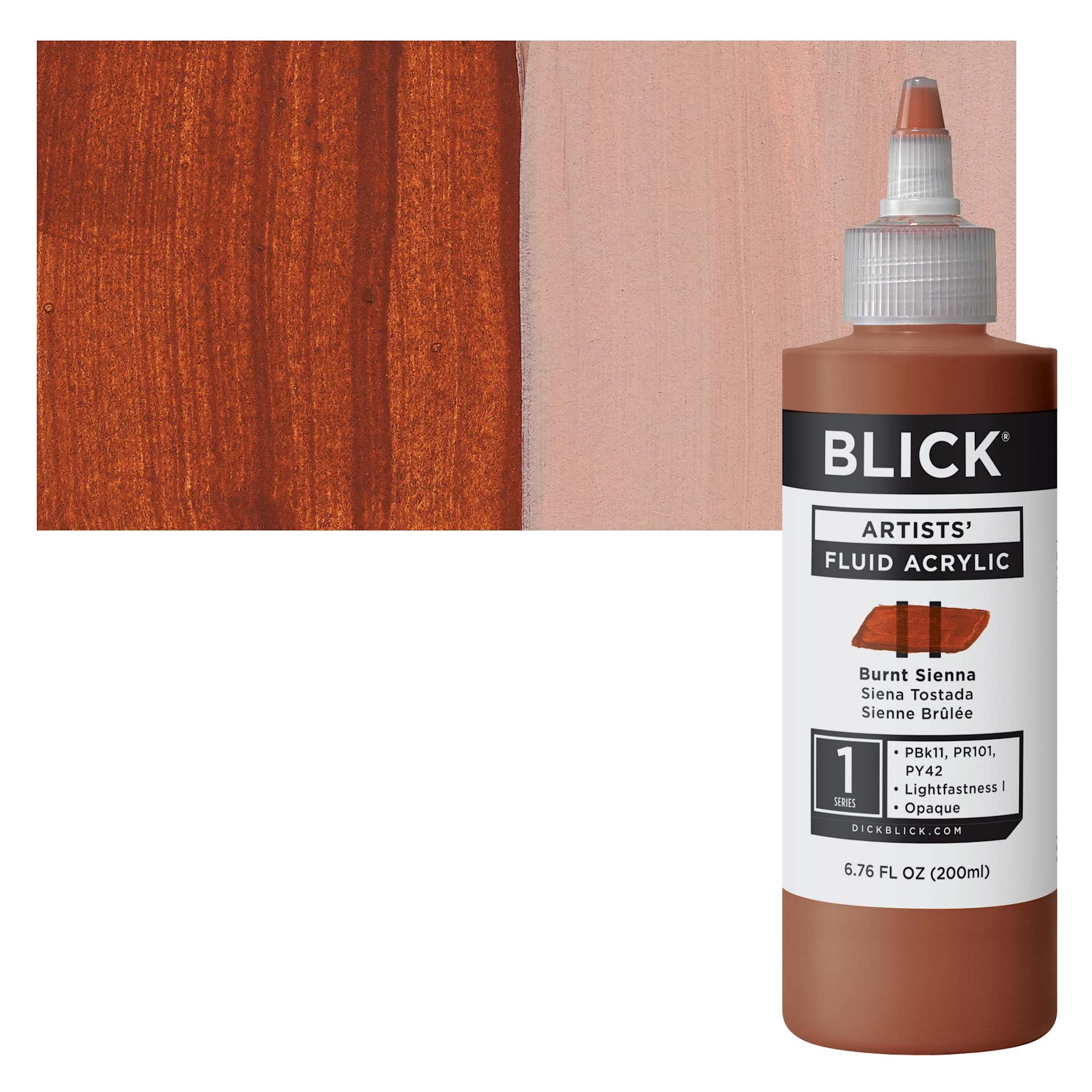 Blick Artists’ Fluid Acrylic - Burnt Sienna, 200 ml bottle and swatch