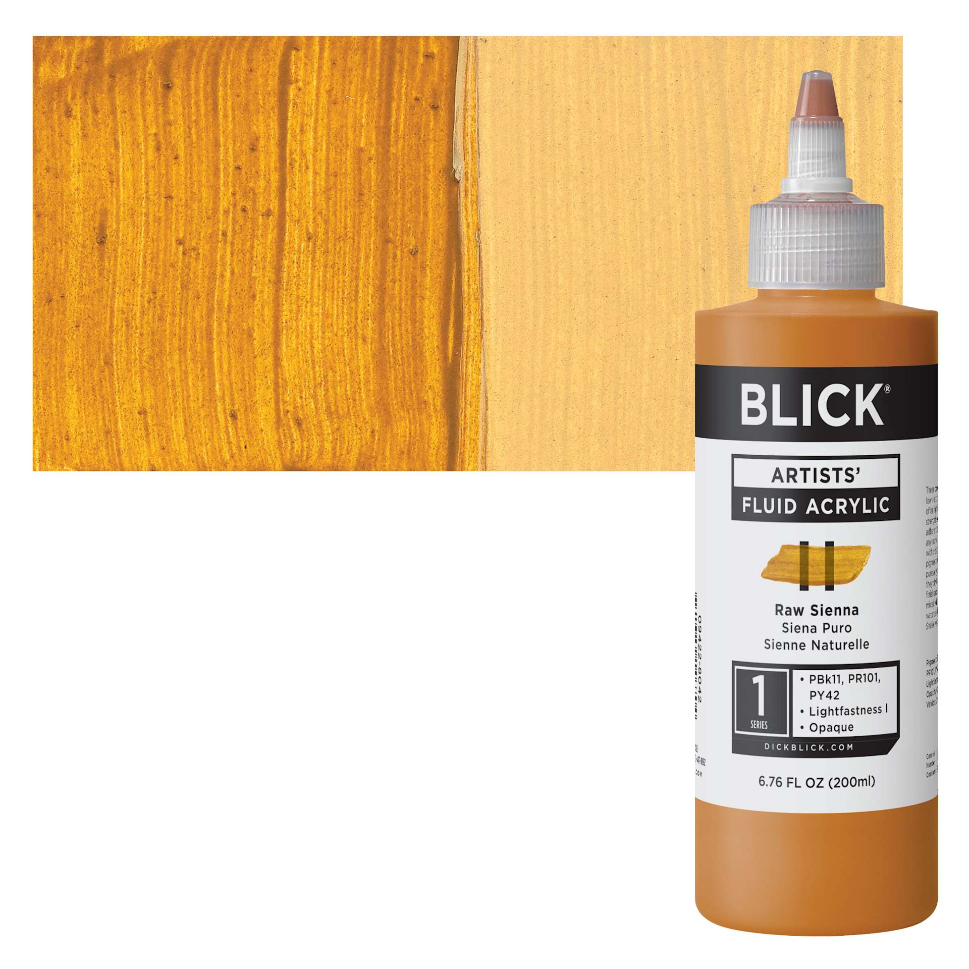 Blick Artists’ Fluid Acrylic - Raw Sienna, 200 ml bottle and swatch