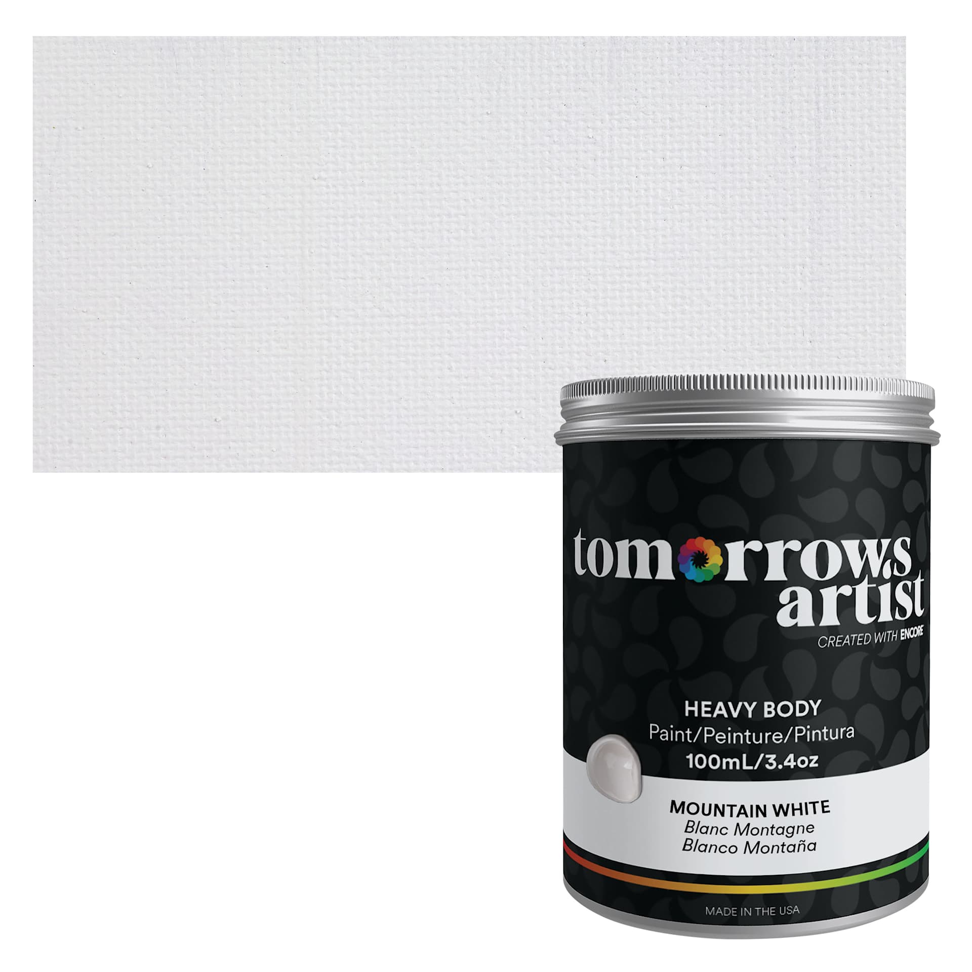Tomorrow's Artist Eco-Friendly Heavy Body Acrylic Paint - Mountain White, 100 ml jar and swatch