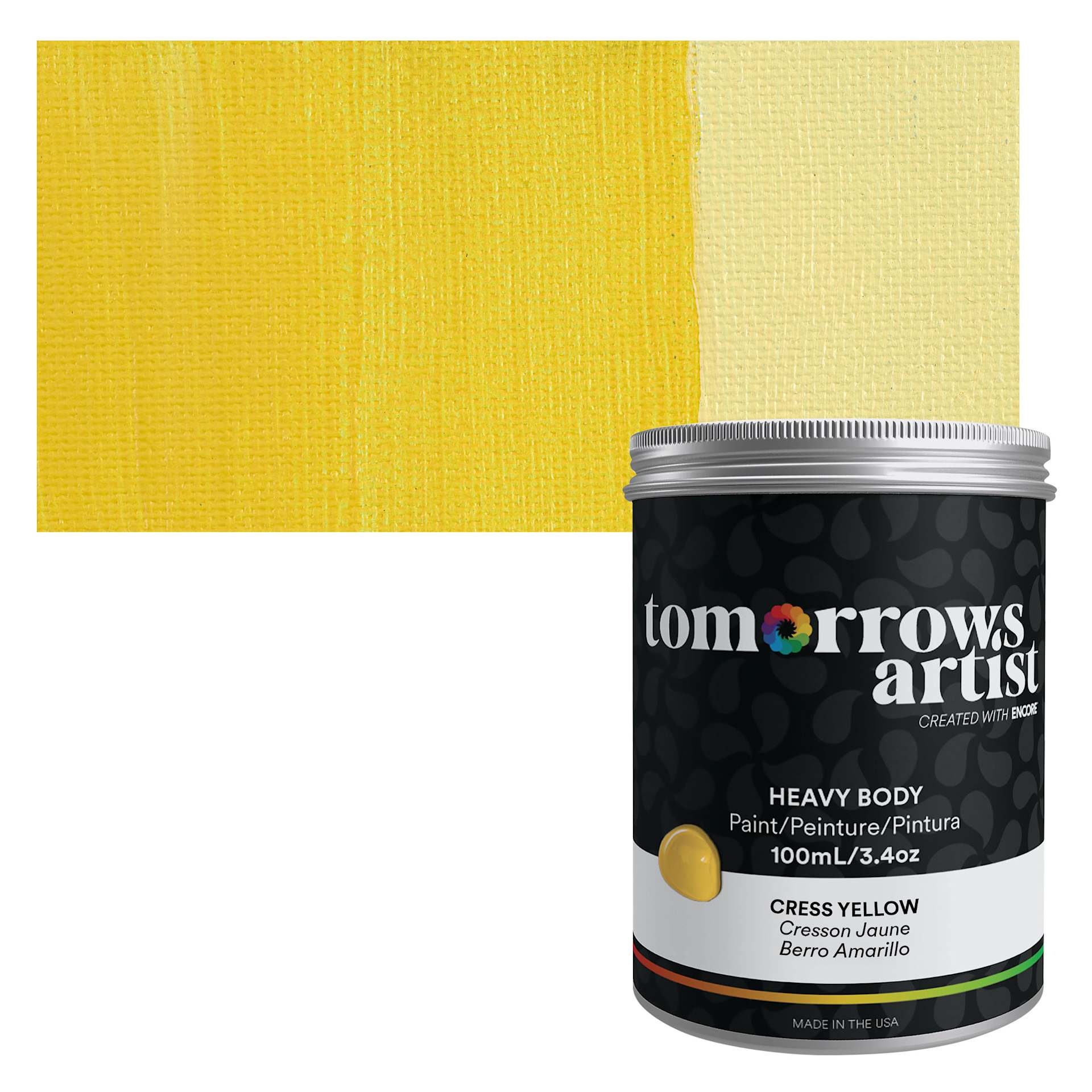 Tomorrow's Artist Eco-Friendly Heavy Body Acrylic Paint - Cress Yellow, 100 ml jar and swatch