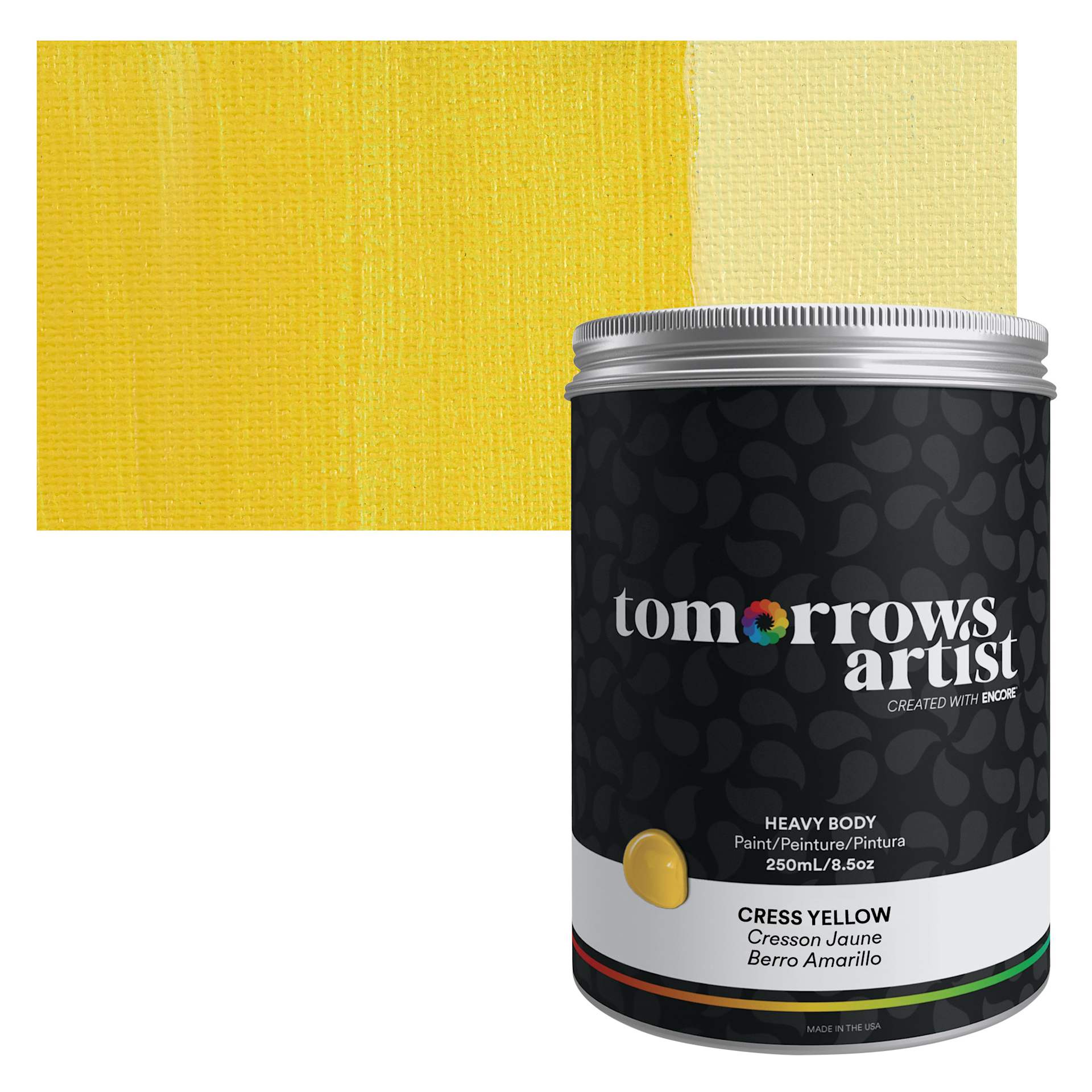 Tomorrow's Artist Eco-Friendly Heavy Body Acrylic Paint - Cress Yellow, 250 ml jar and swatch