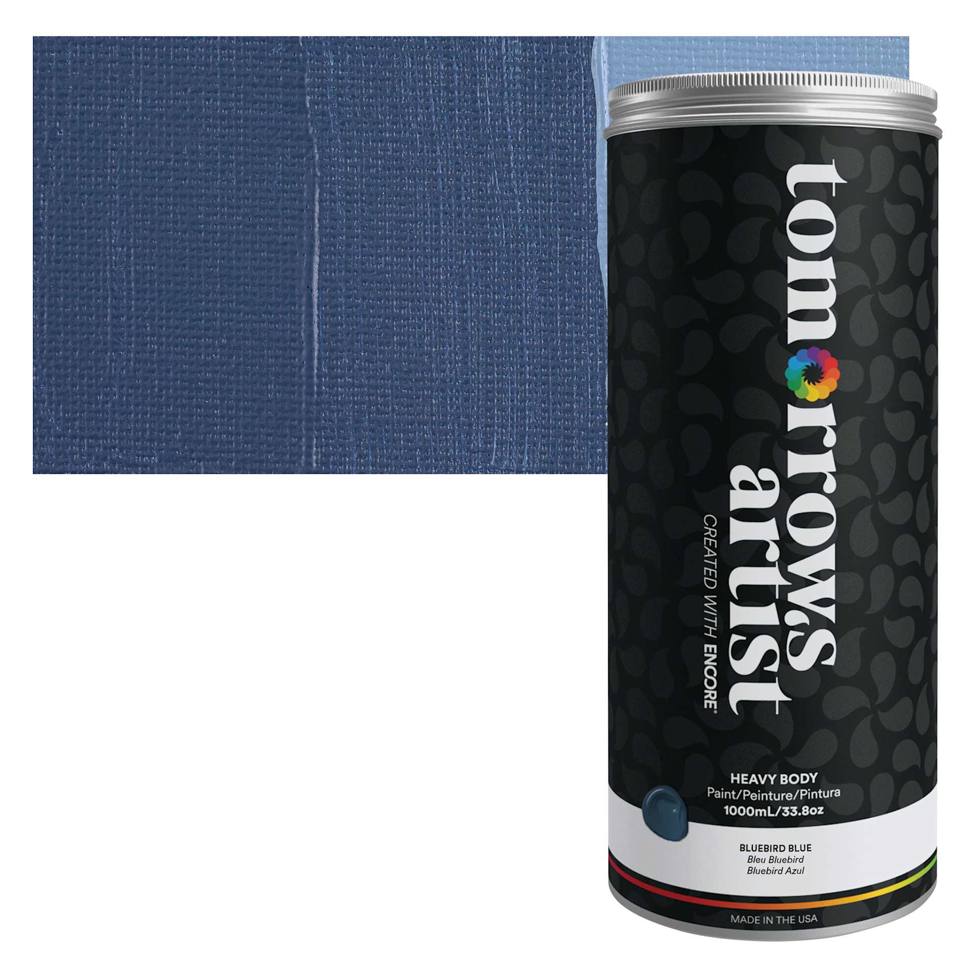 Tomorrow's Artist Eco-Friendly Heavy Body Acrylic Paint - Bluebird Blue, 1 L jar and swatch