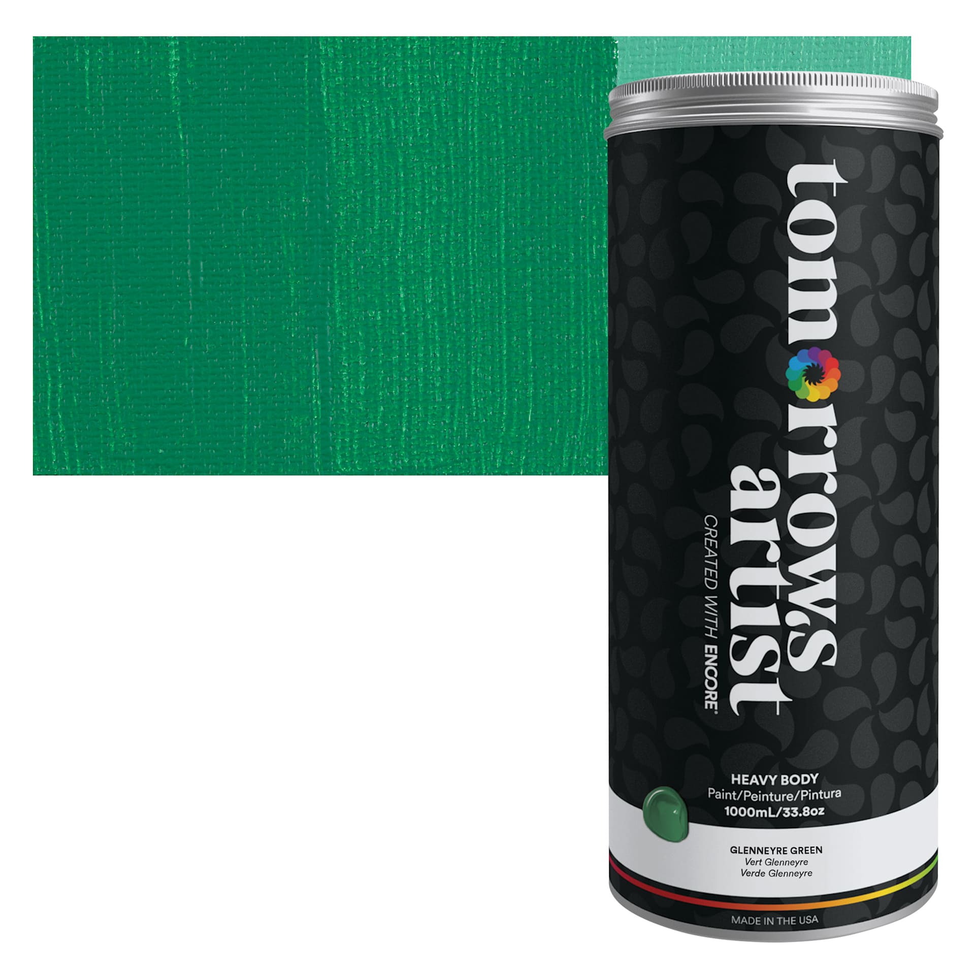Tomorrow's Artist Eco-Friendly Heavy Body Acrylic Paint - Glennerye Green, 1 L jar and swatch
