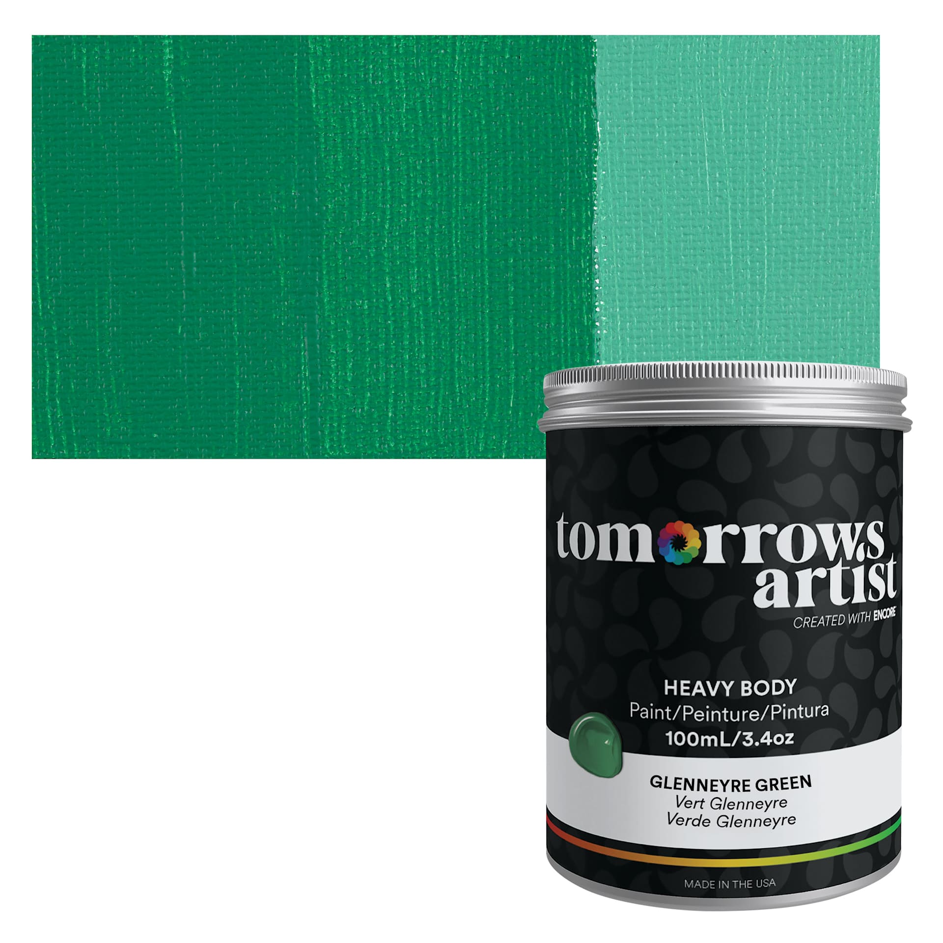 Tomorrow's Artist Eco-Friendly Heavy Body Acrylic Paint - Glennerye Green, 100 ml jar and swatch