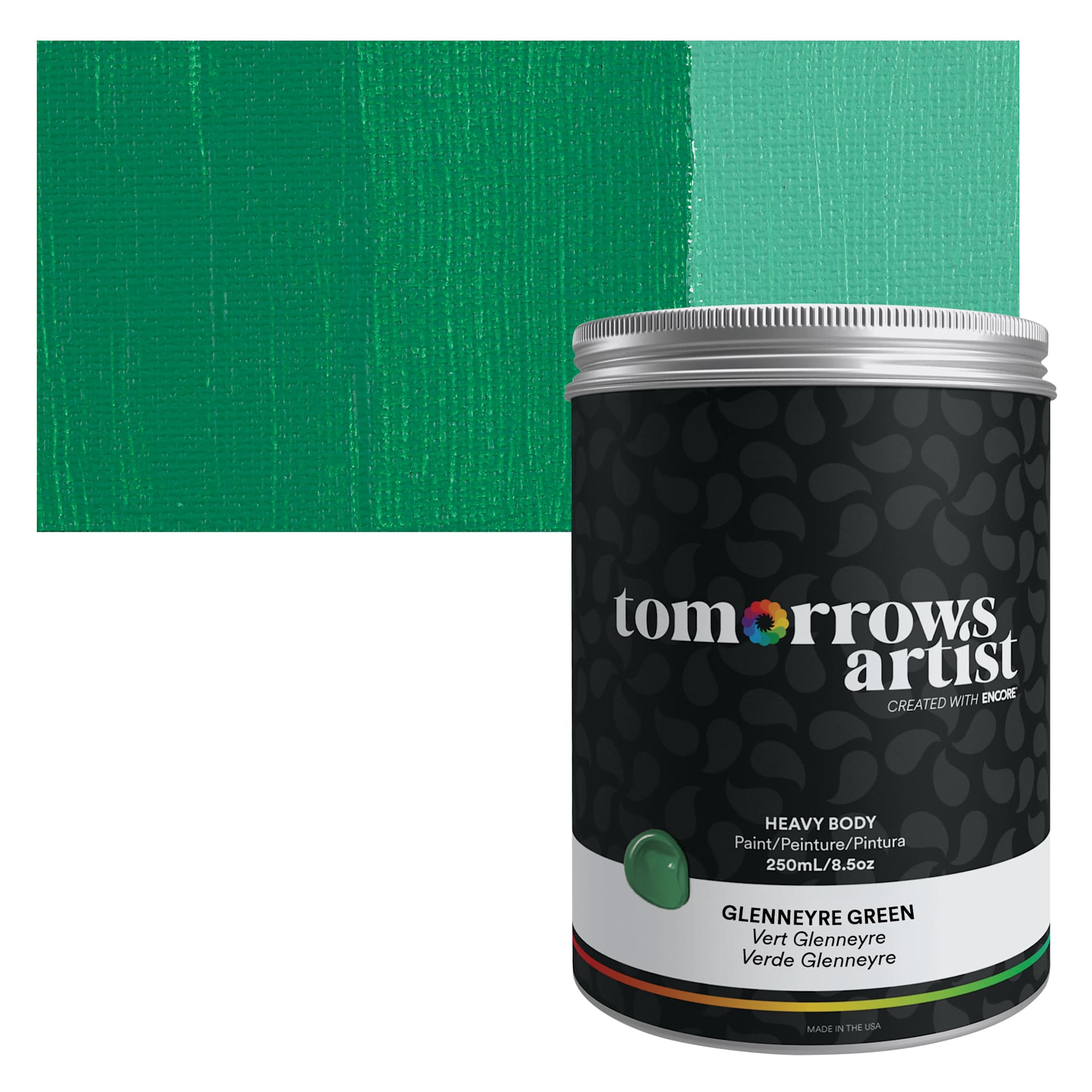 Tomorrow's Artist Eco-Friendly Heavy Body Acrylic Paint - Glennerye Green, 250 ml jar and swatch