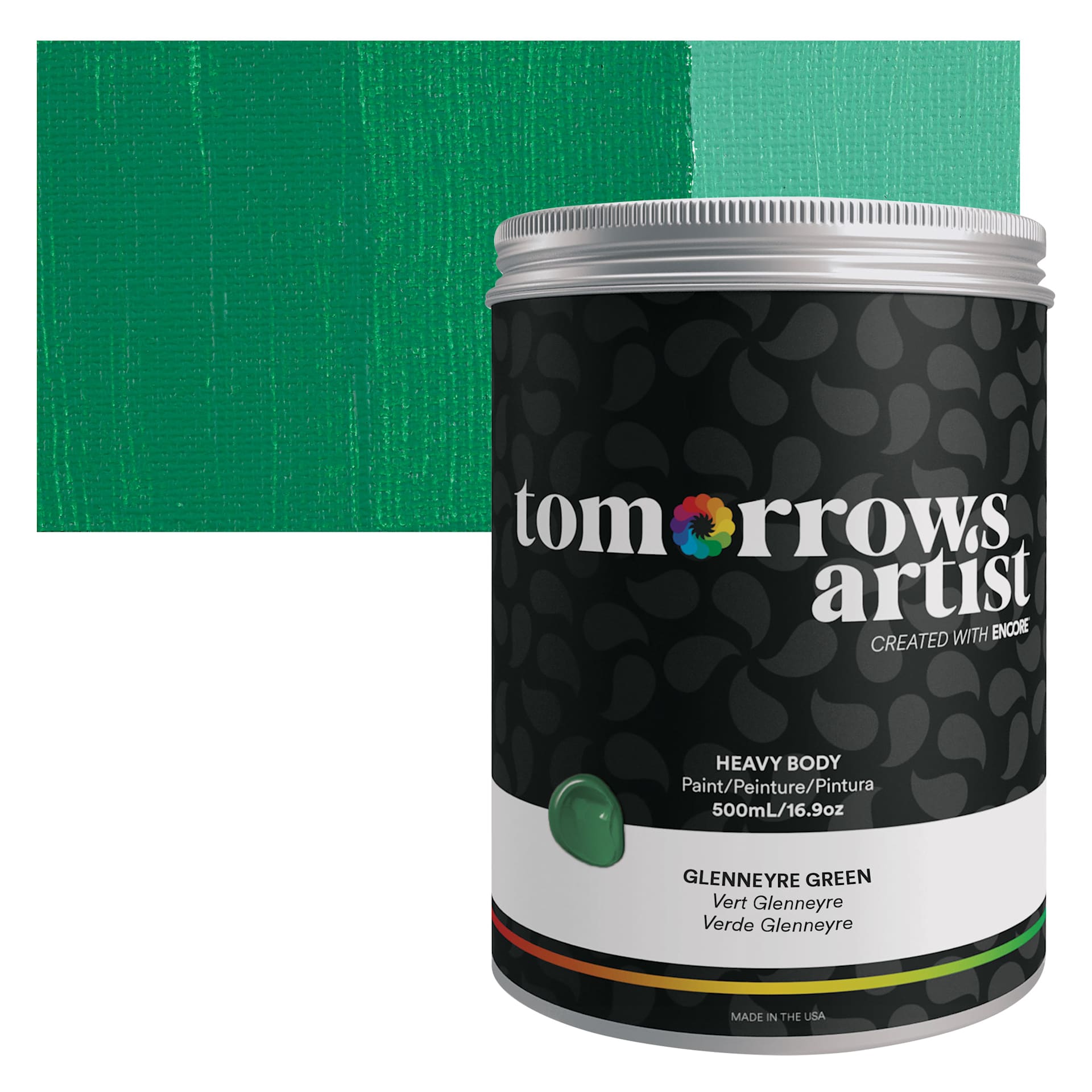 Tomorrow's Artist Eco-Friendly Heavy Body Acrylic Paint - Glennerye Green, 500 ml jar and swatch