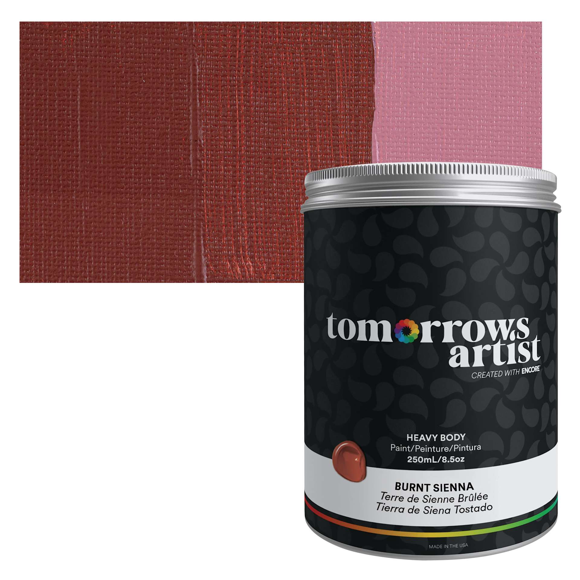 Tomorrow's Artist Eco-Friendly Heavy Body Acrylic Paint - Burnt Sienna, 250 ml jar and swatch