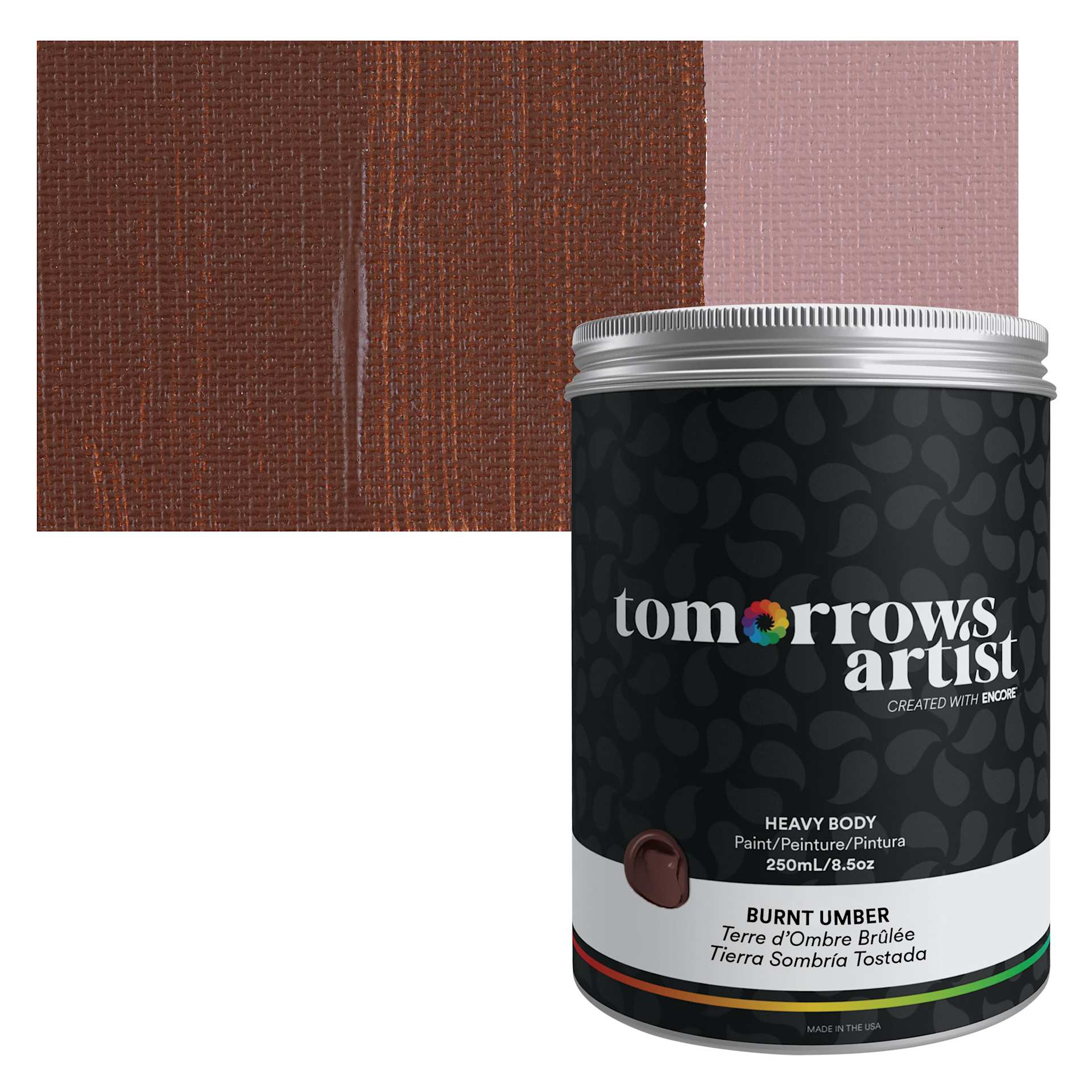 Tomorrow's Artist Eco-Friendly Heavy Body Acrylic Paint - Burnt Umber, 250 ml jar and swatch