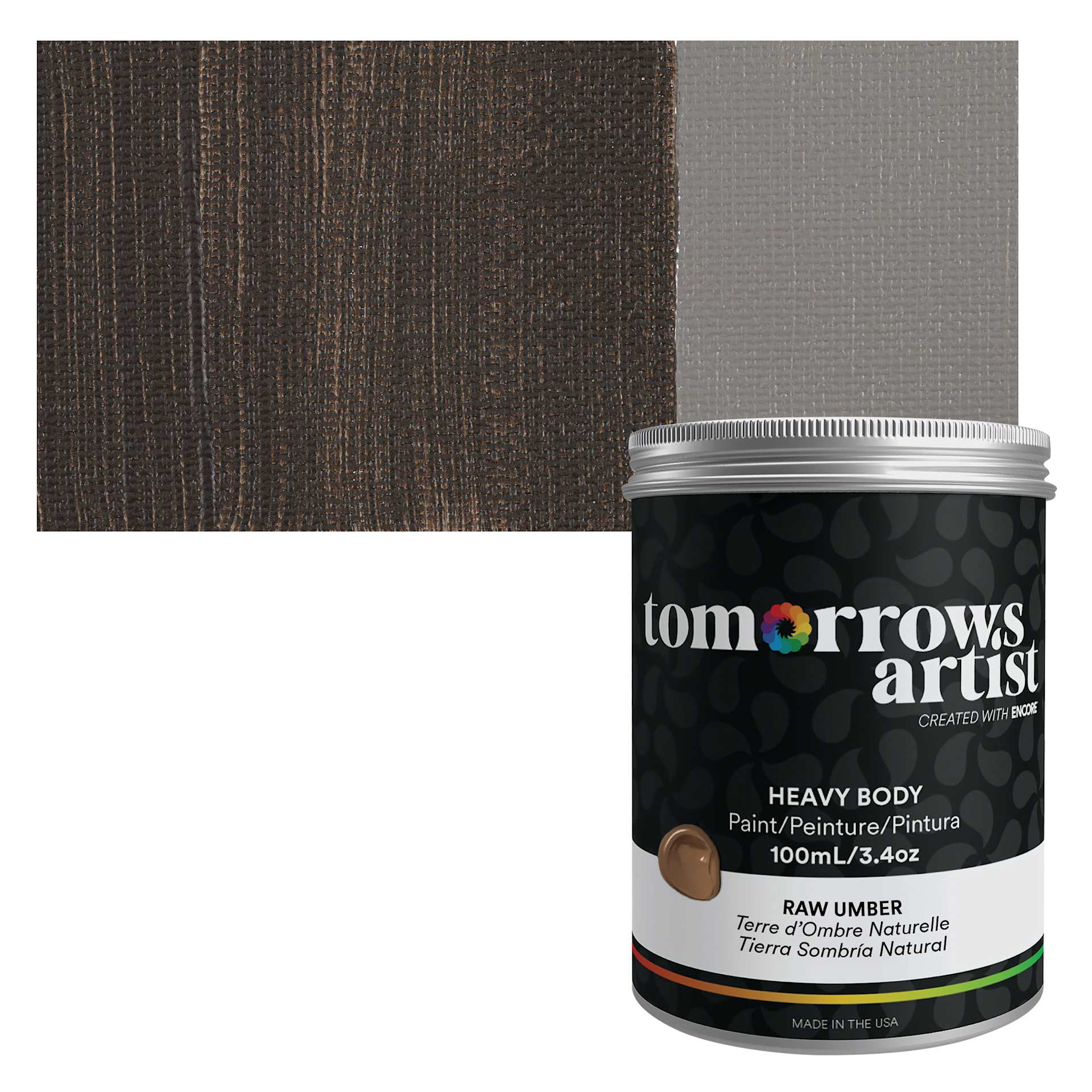 Tomorrow's Artist Eco-Friendly Heavy Body Acrylic Paint - Raw Umber, 100 ml jar and swatch