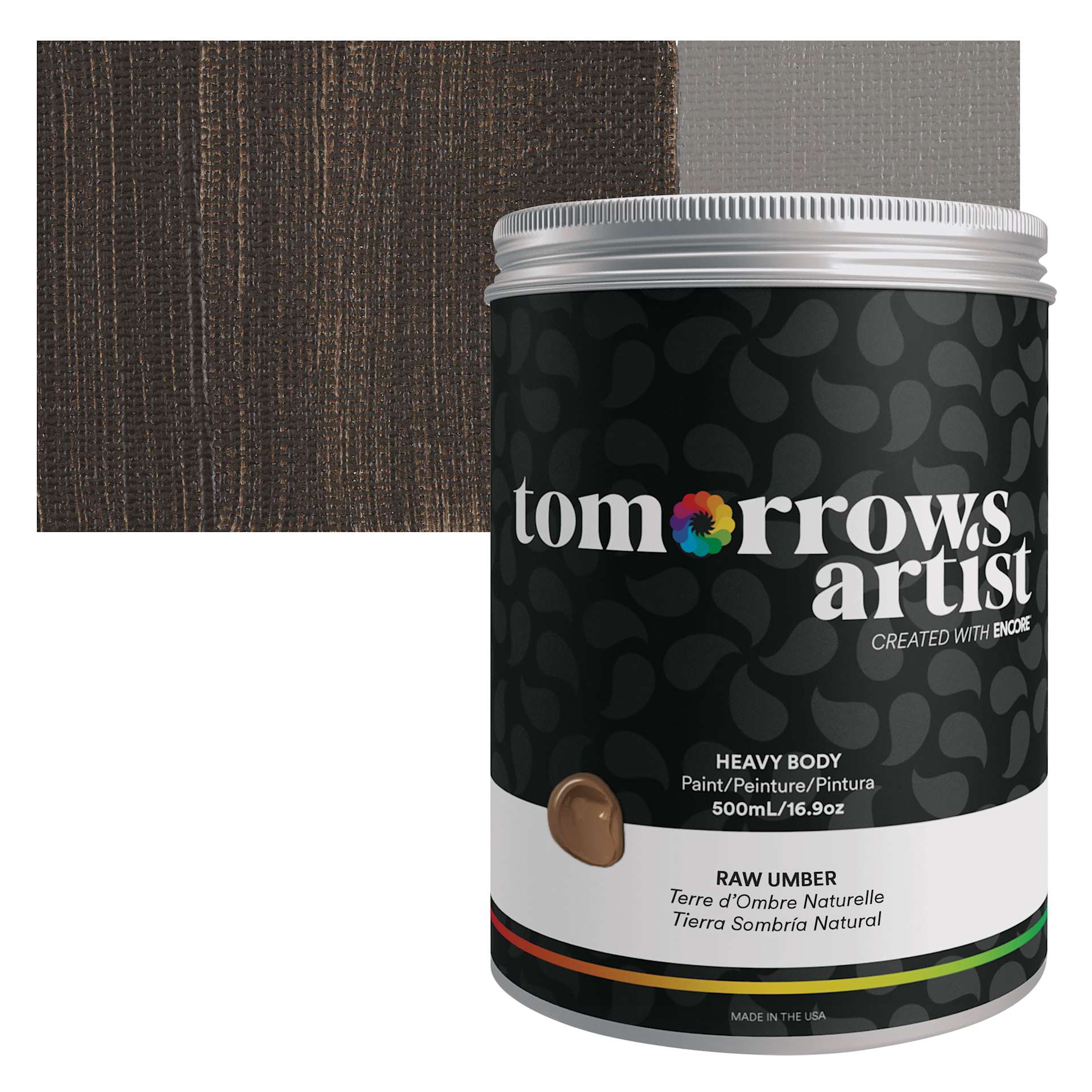 Tomorrow's Artist Eco-Friendly Heavy Body Acrylic Paint - Raw Umber, 500 ml jar and swatch