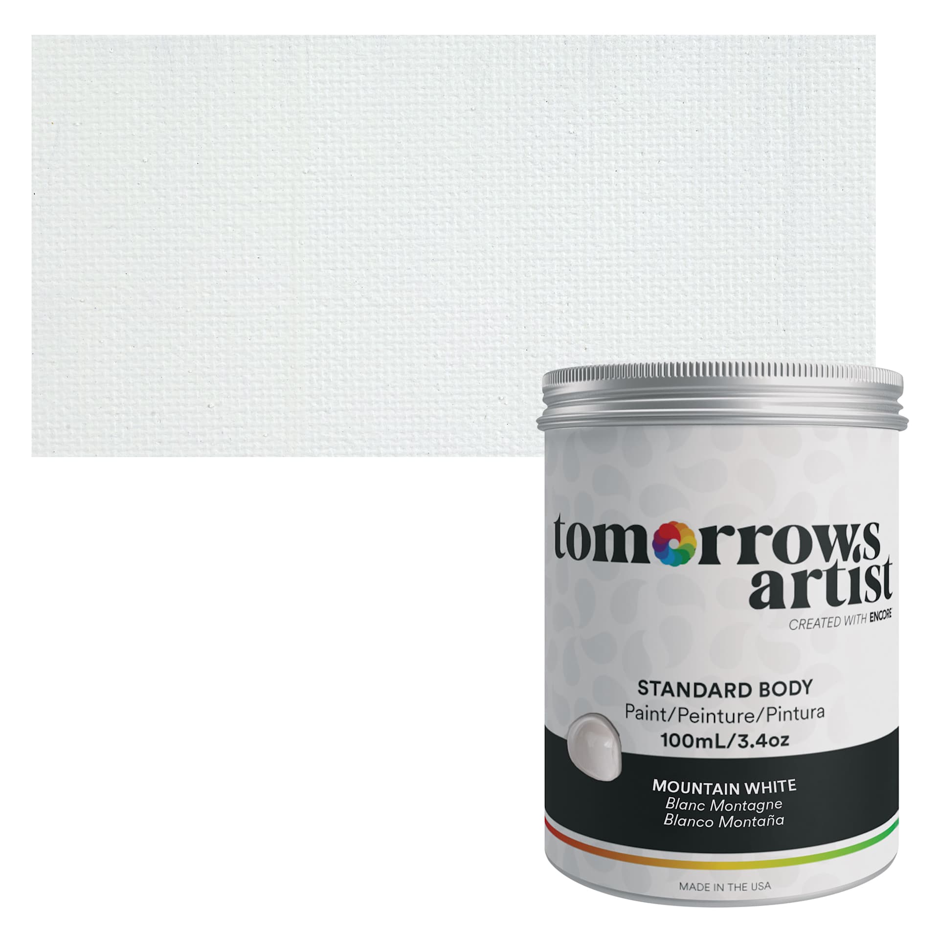 Tomorrow's Artist Eco-Friendly Standard Body Acrylic Paint - Mountain White, 100 ml jar and swatch