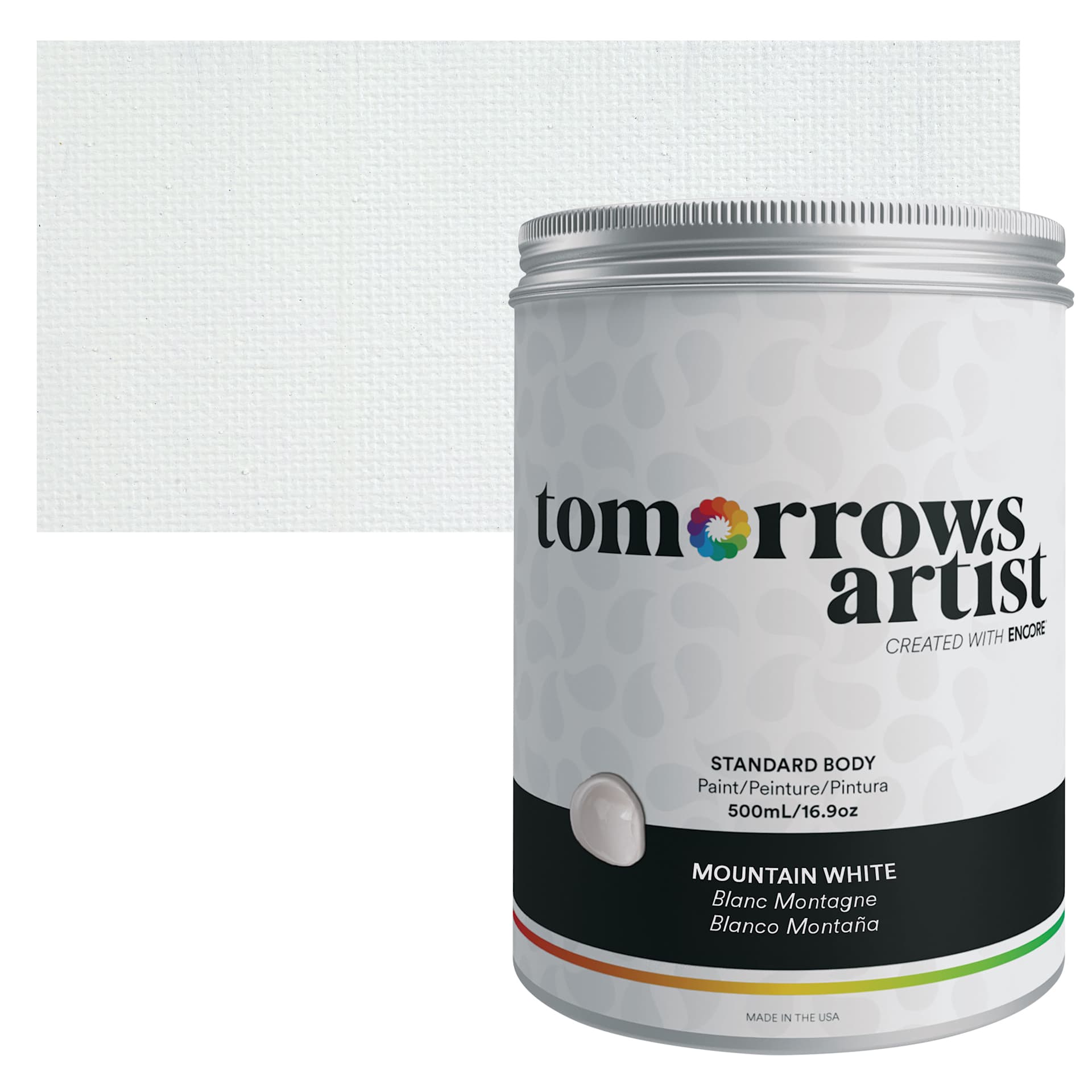 Tomorrow's Artist Eco-Friendly Standard Body Acrylic Paint - Mountain White, 500 ml jar and swatch