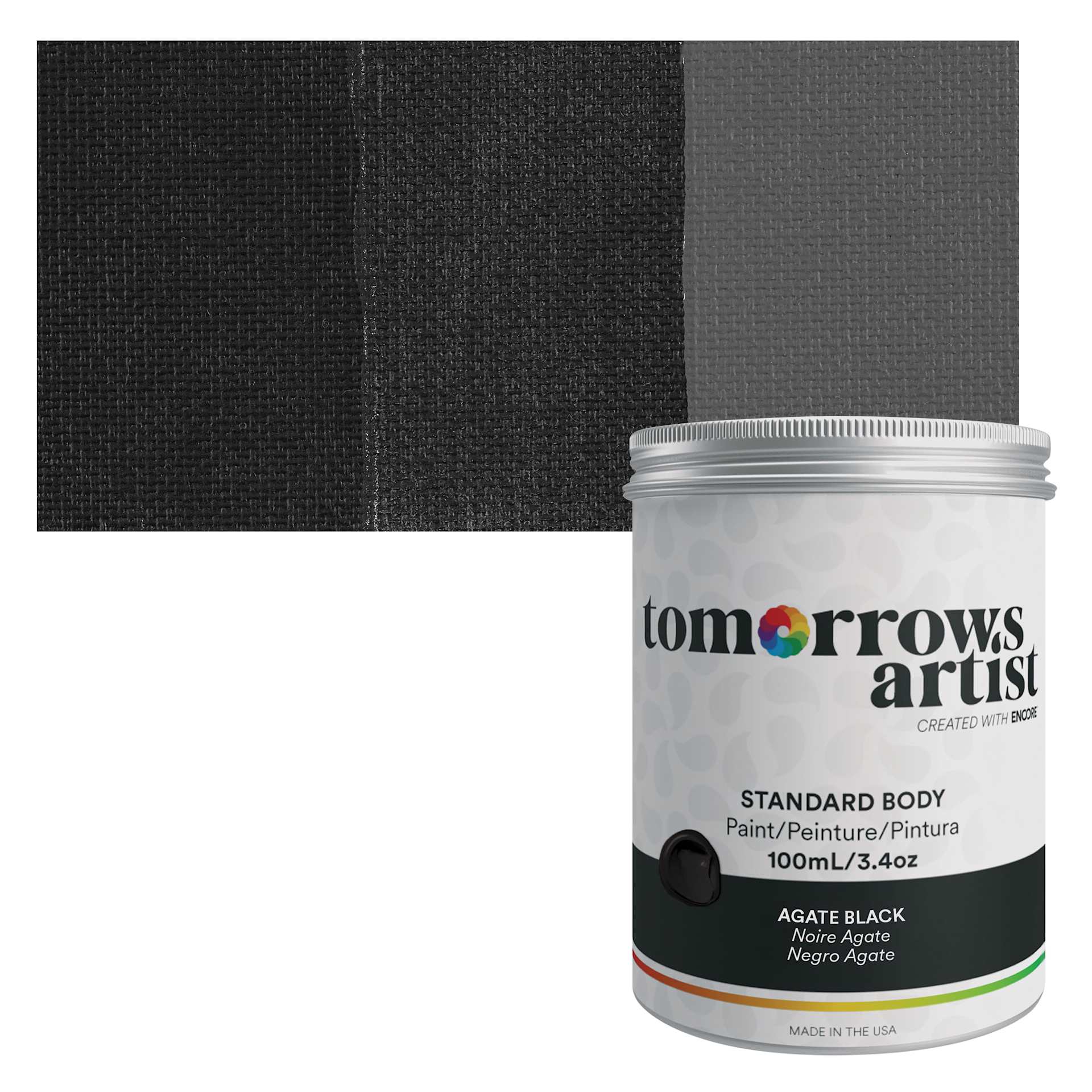 Tomorrow's Artist Eco-Friendly Standard Body Acrylic Paint - Agate Black, 100 ml jar and swatch