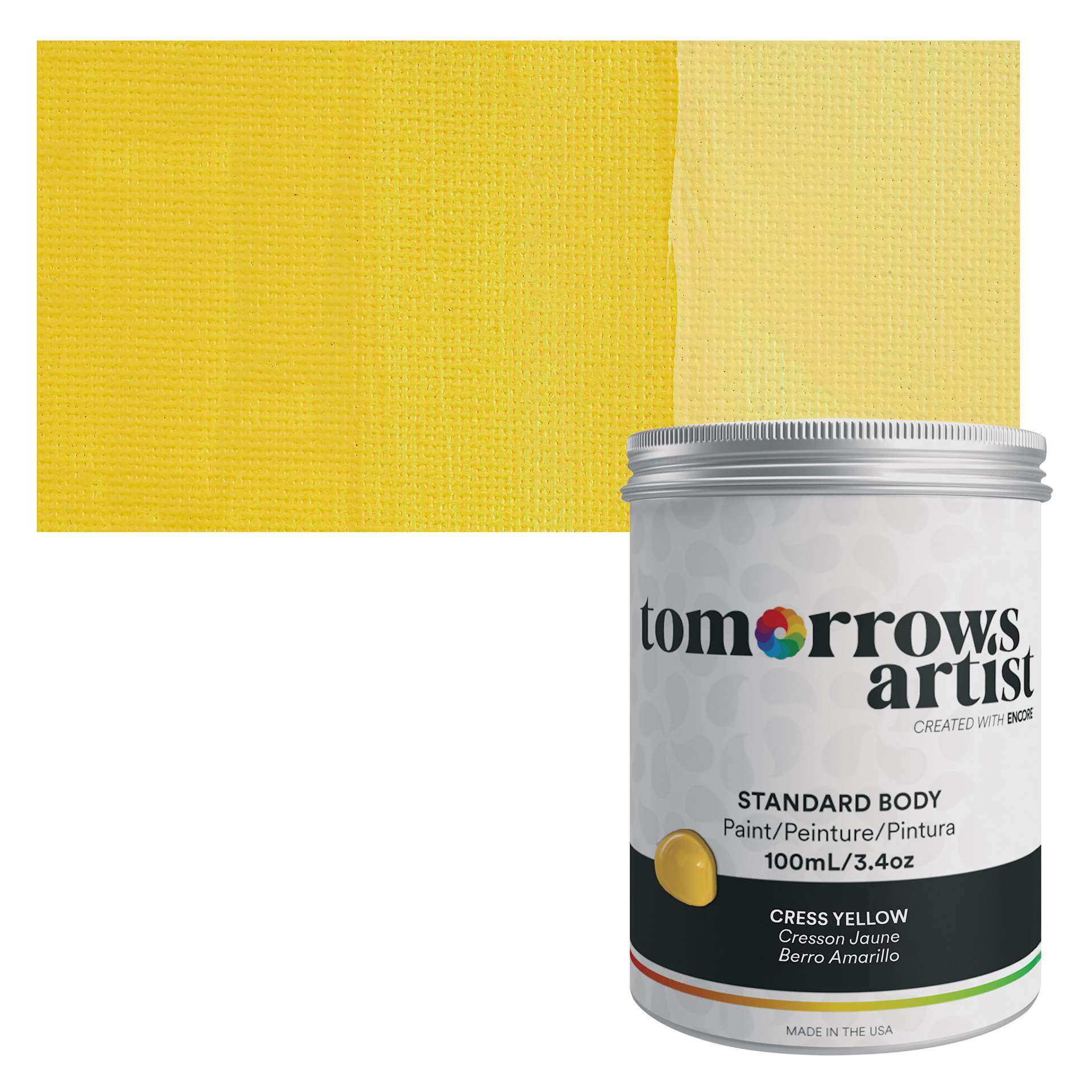 Tomorrow's Artist Eco-Friendly Standard Body Acrylic Paint - Cress Yellow, 100 ml jar and swatch