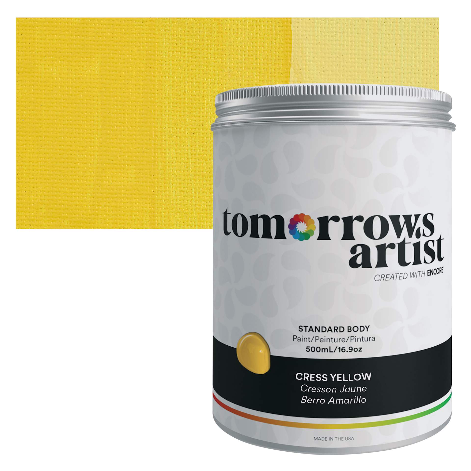 Tomorrow's Artist Eco-Friendly Standard Body Acrylic Paint - Cress Yellow, 500 ml jar and swatch