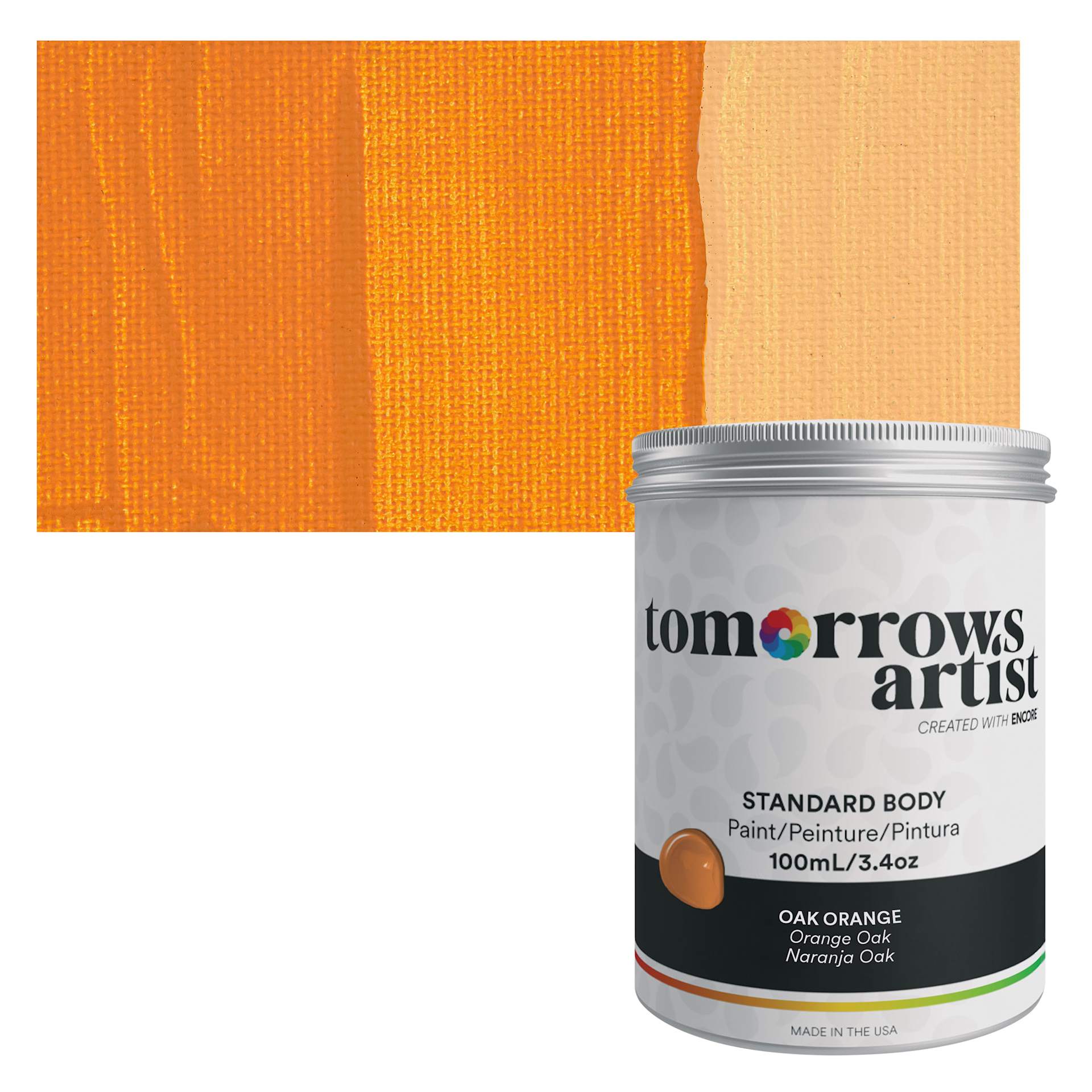 Tomorrow's Artist Eco-Friendly Standard Body Acrylic Paint - Oak Orange, 100 ml jar and swatch
