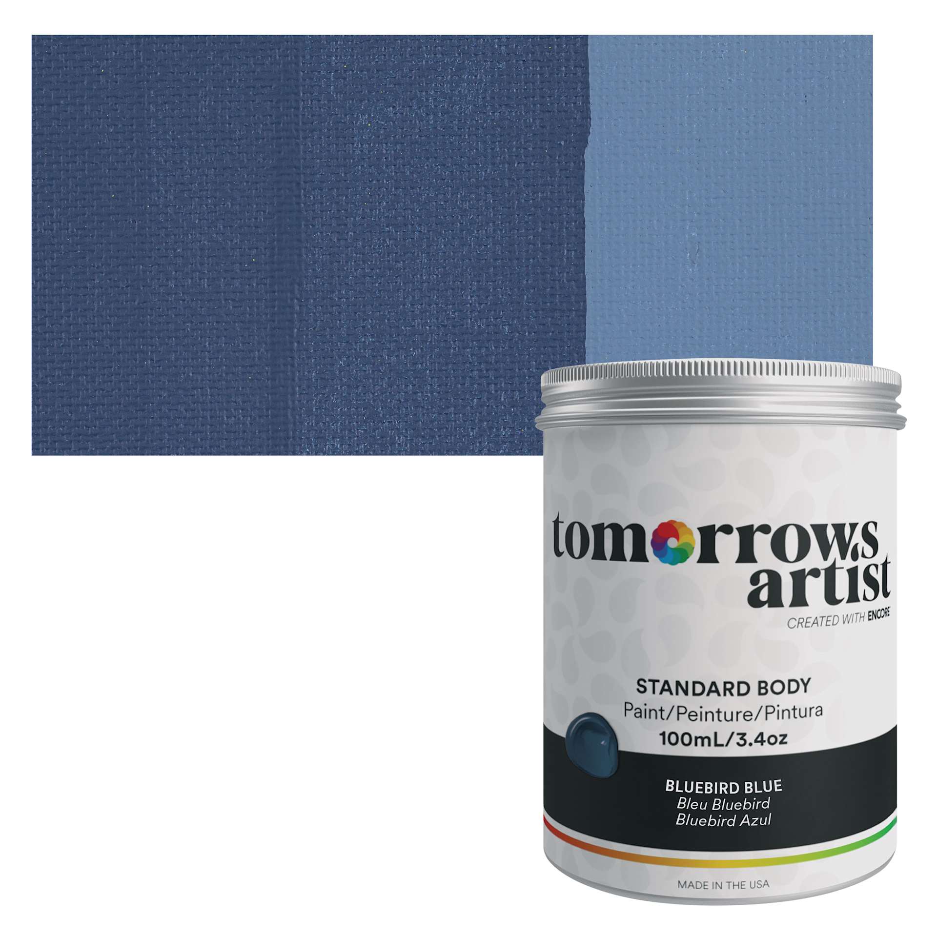 Tomorrow's Artist Eco-Friendly Standard Body Acrylic Paint - Bluebird Blue, 100 ml jar and swatch
