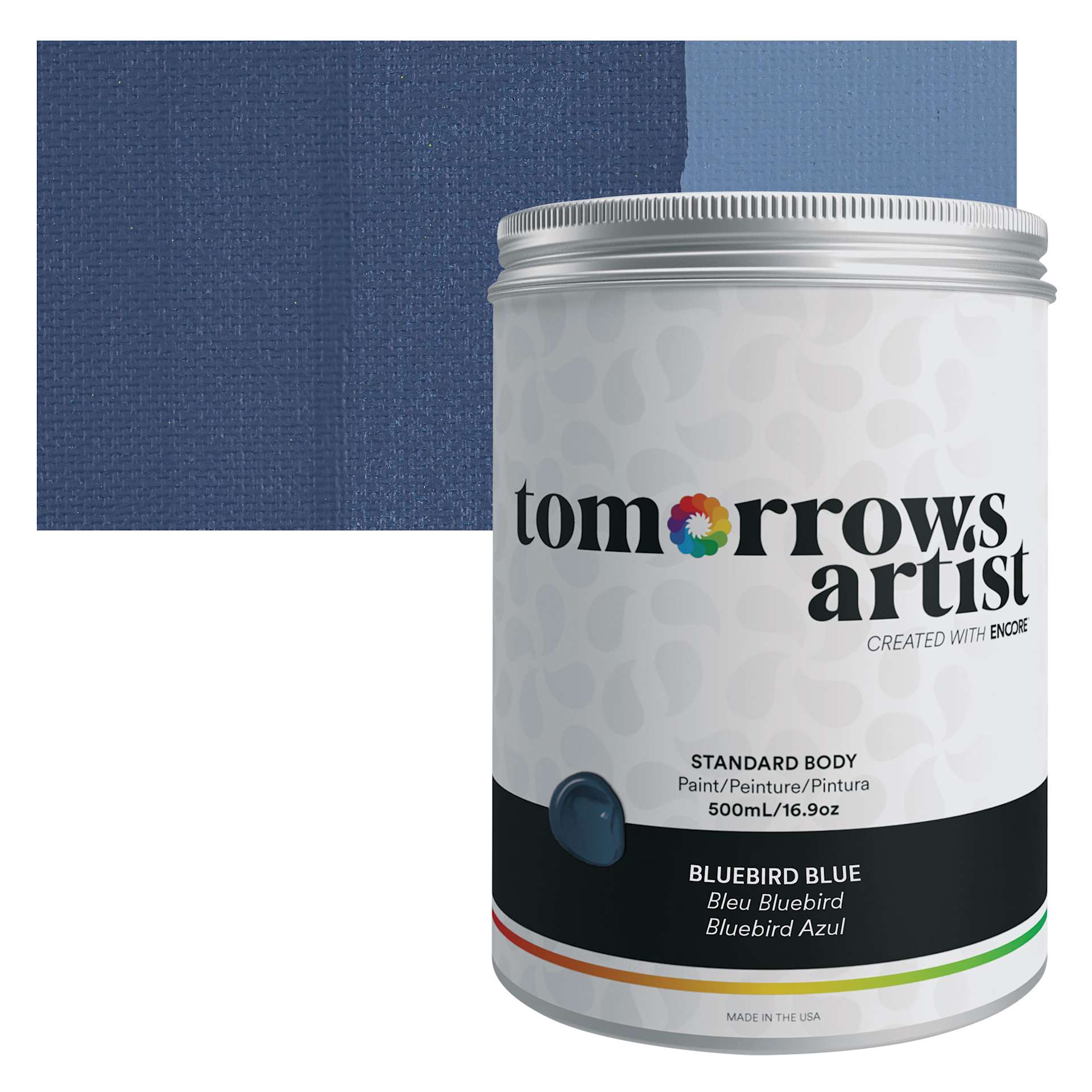 Tomorrow's Artist Eco-Friendly Standard Body Acrylic Paint - Bluebird Blue, 500 ml jar and swatch