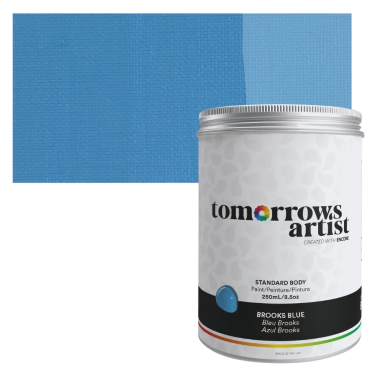 Tomorrow's Artist Eco-Friendly Standard Body Acrylic Paint - Brooks Blue, 250 ml jar and swatch