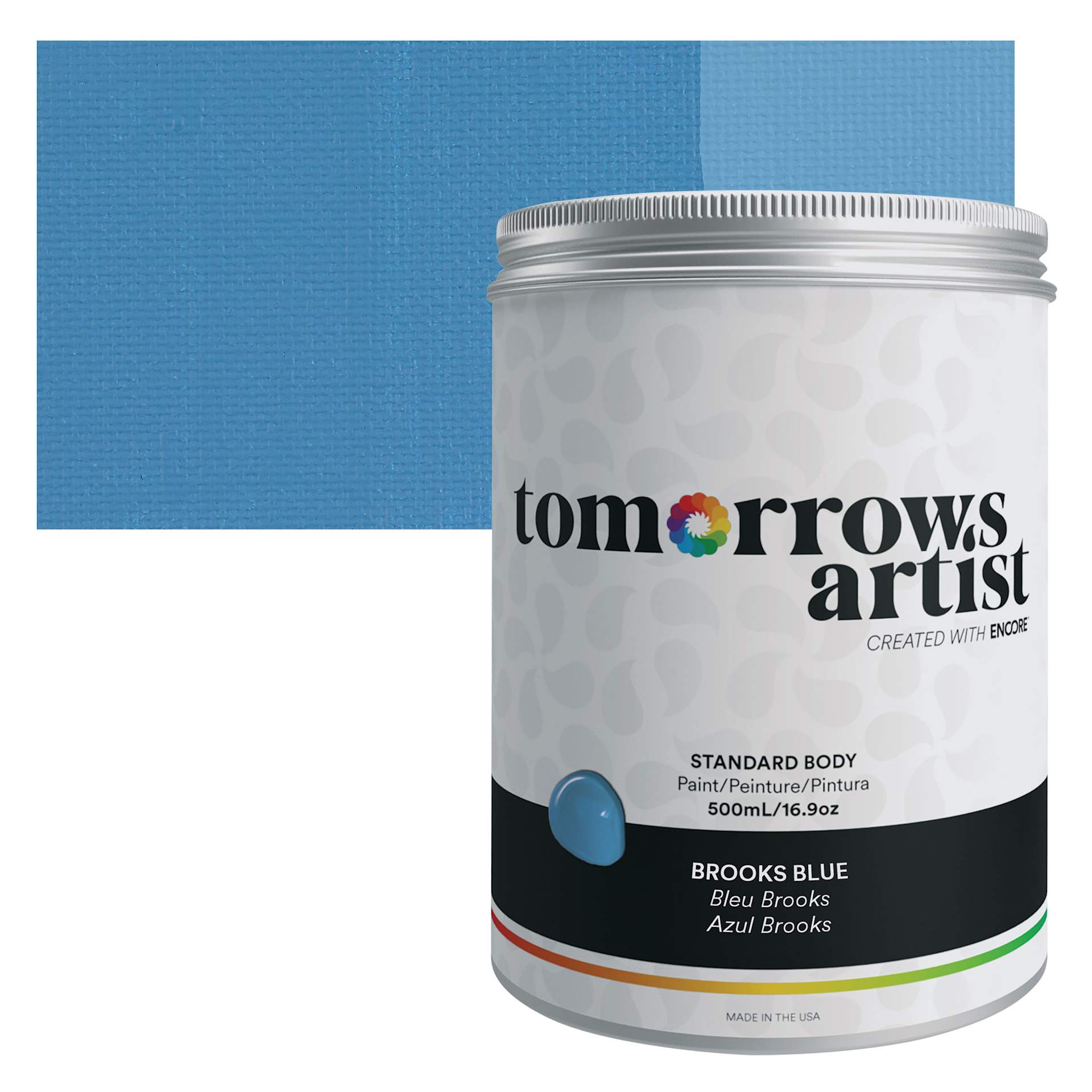 Tomorrow's Artist Eco-Friendly Standard Body Acrylic Paint - Brooks Blue, 500 ml jar and swatch