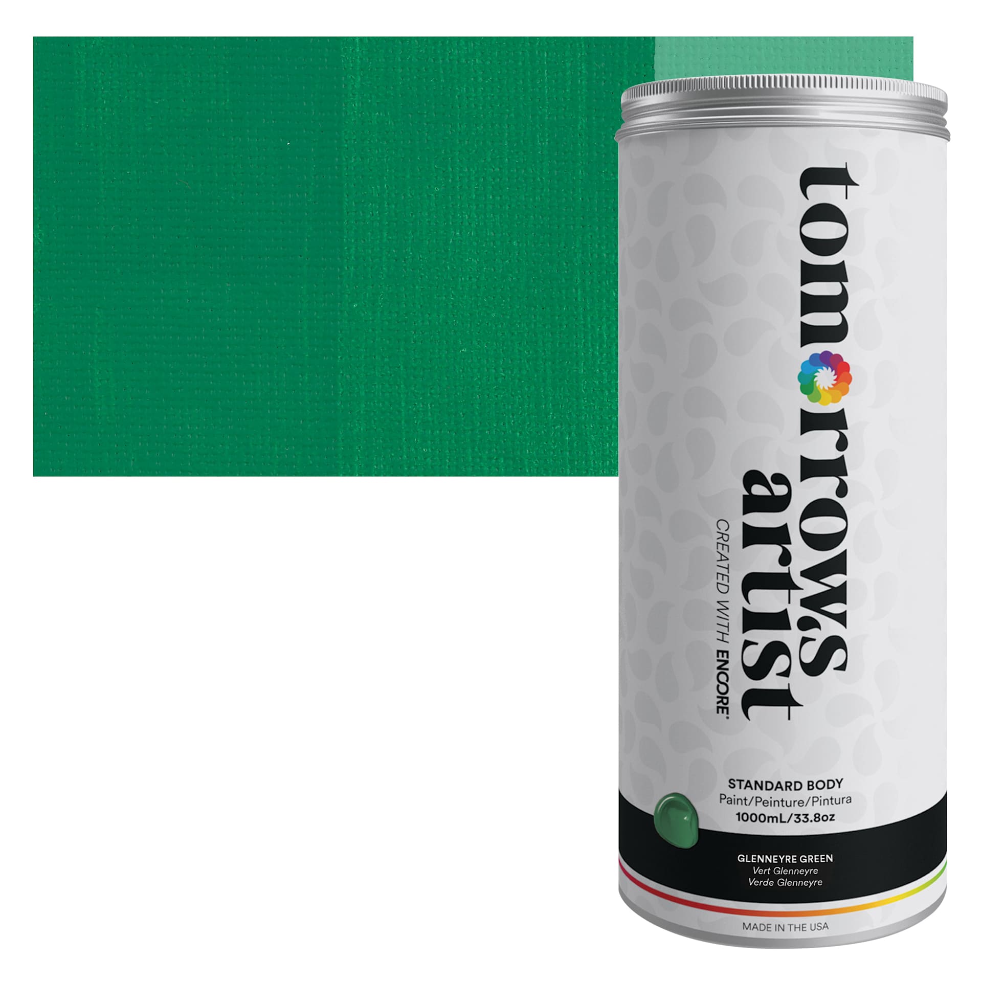 Tomorrow's Artist Eco-Friendly Standard Body Acrylic Paint - Glennerye Green, 1L jar and swatch