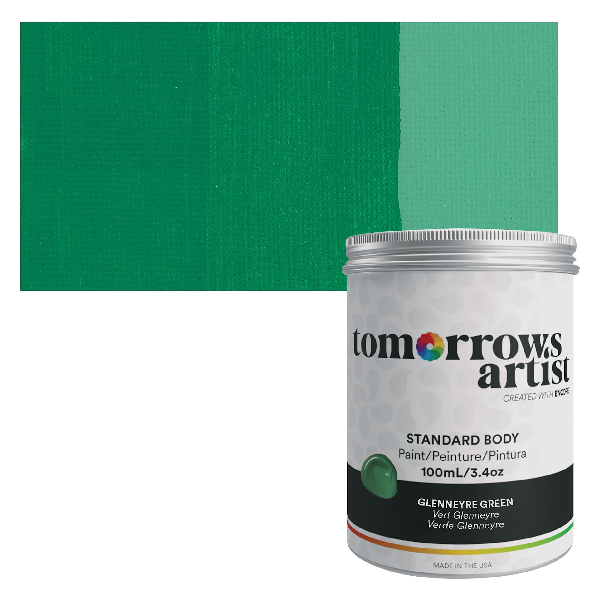 Tomorrow's Artist Eco-Friendly Standard Body Acrylic Paint - Glennerye Green, 100 ml jar and swatch