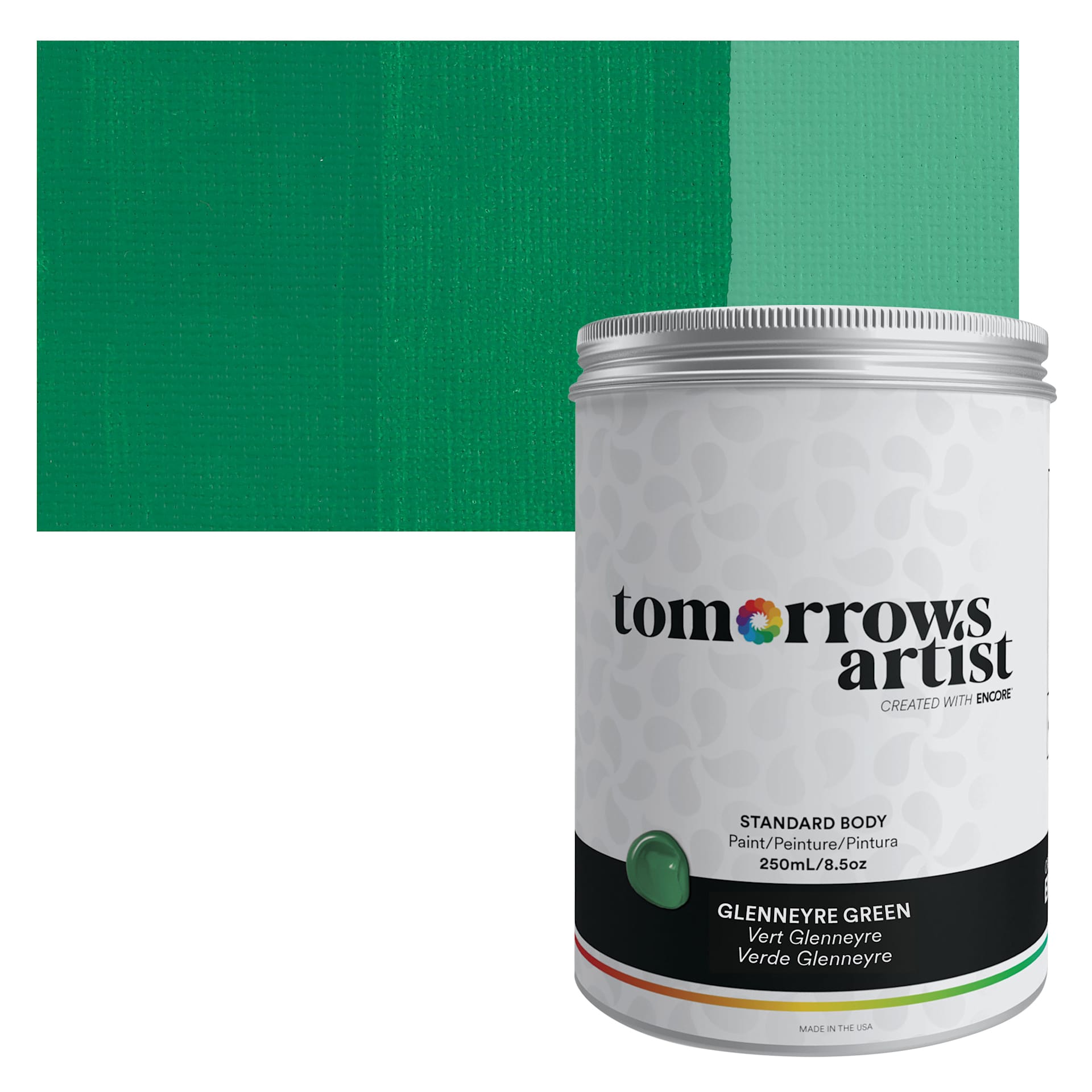 Tomorrow's Artist Eco-Friendly Standard Body Acrylic Paint - Glennerye Green, 250 ml jar and swatch