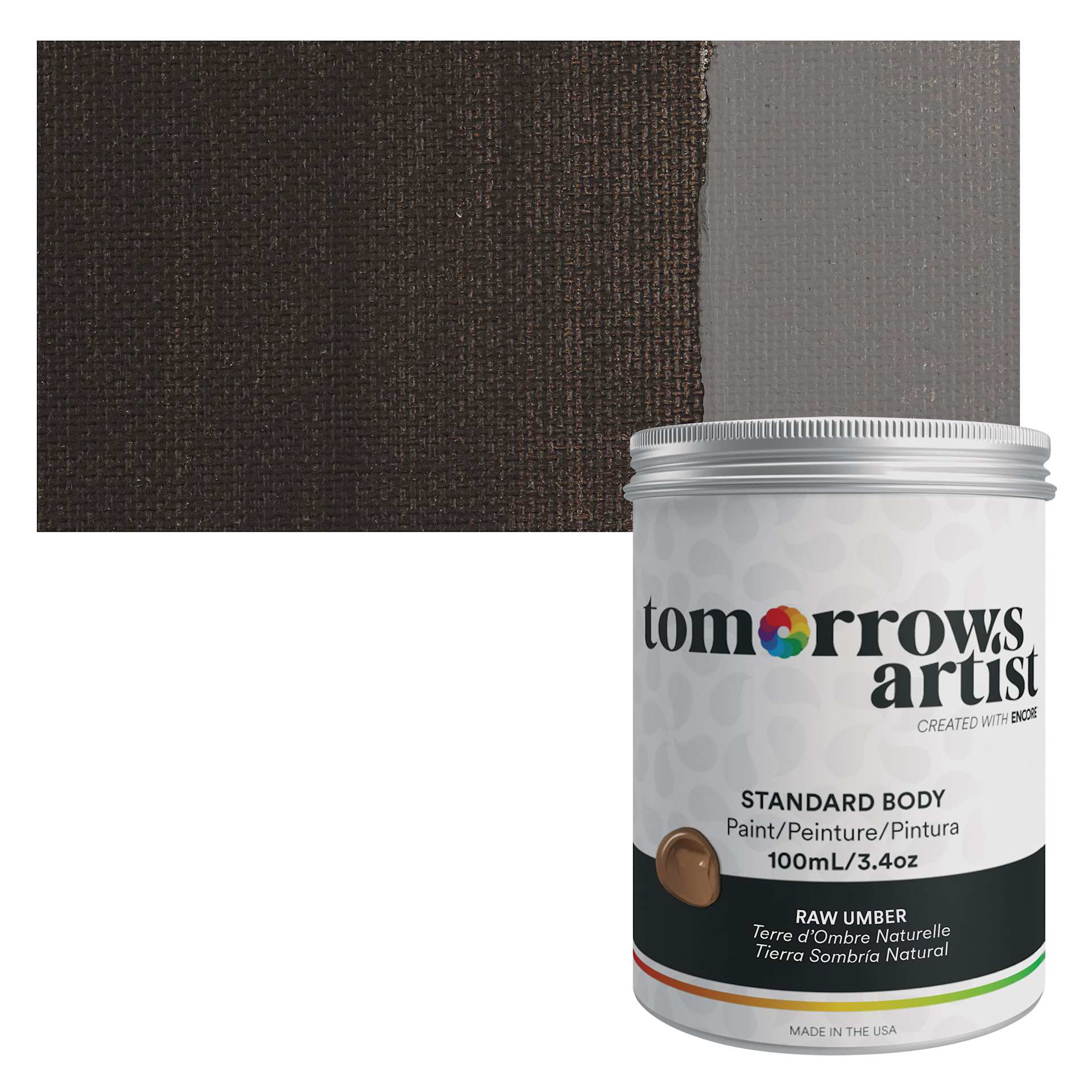 Tomorrow's Artist Eco-Friendly Standard Body Acrylic Paint - Raw Umber, 100 ml jar and swatch