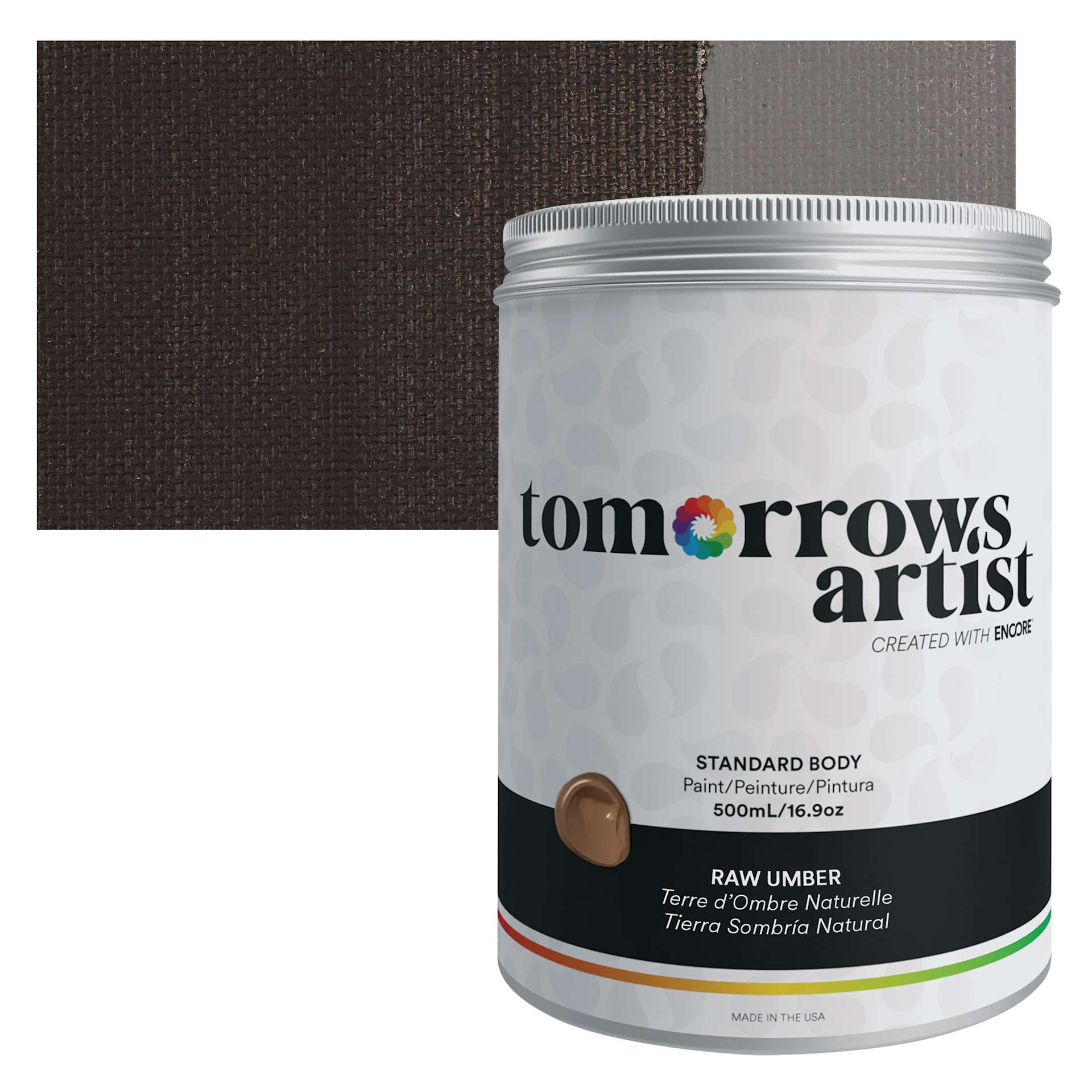 Tomorrow's Artist Eco-Friendly Standard Body Acrylic Paint - Raw Umber, 500 ml jar and swatch