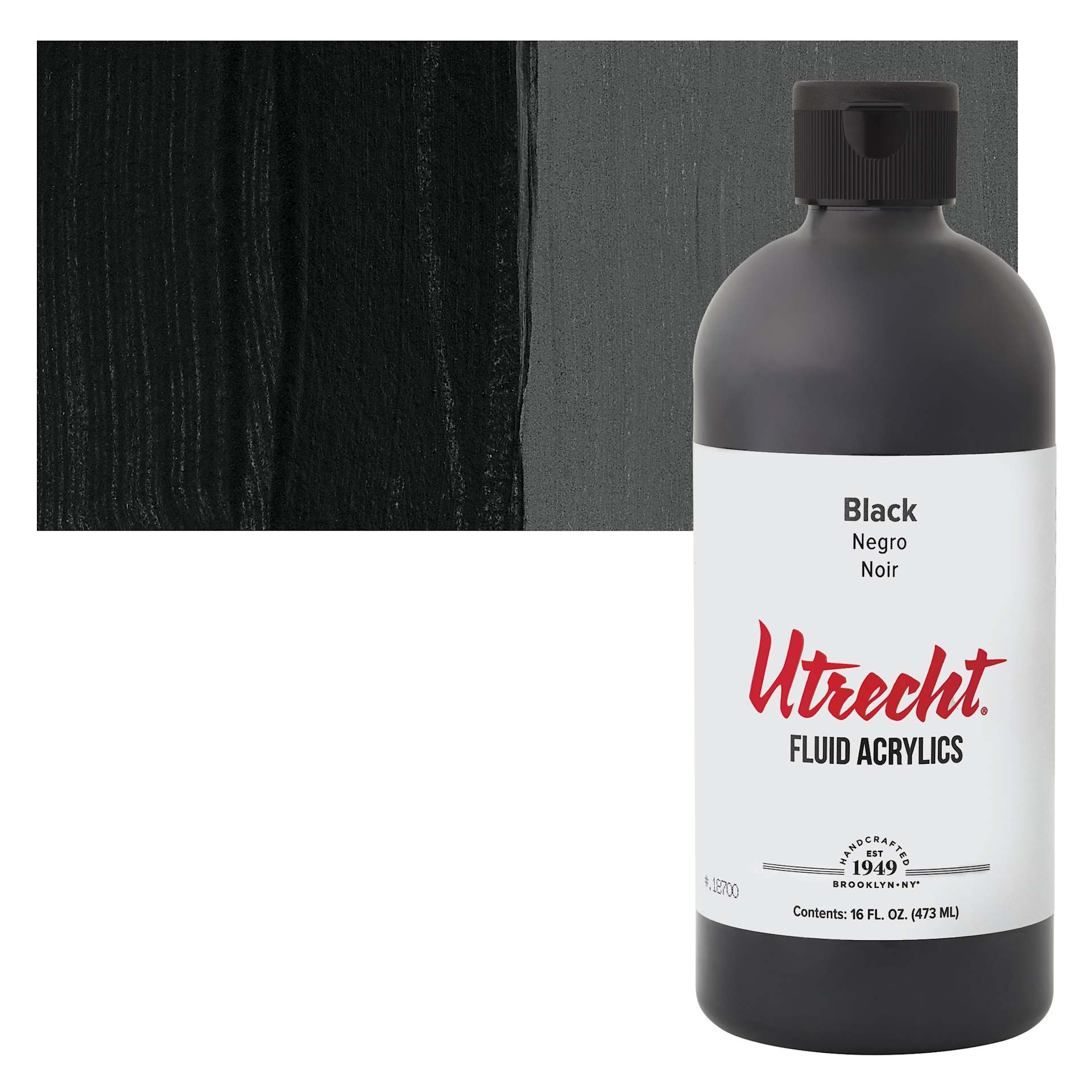 Utrecht Fluid Acrylic - Intense Black, 16 oz bottle and swatch
