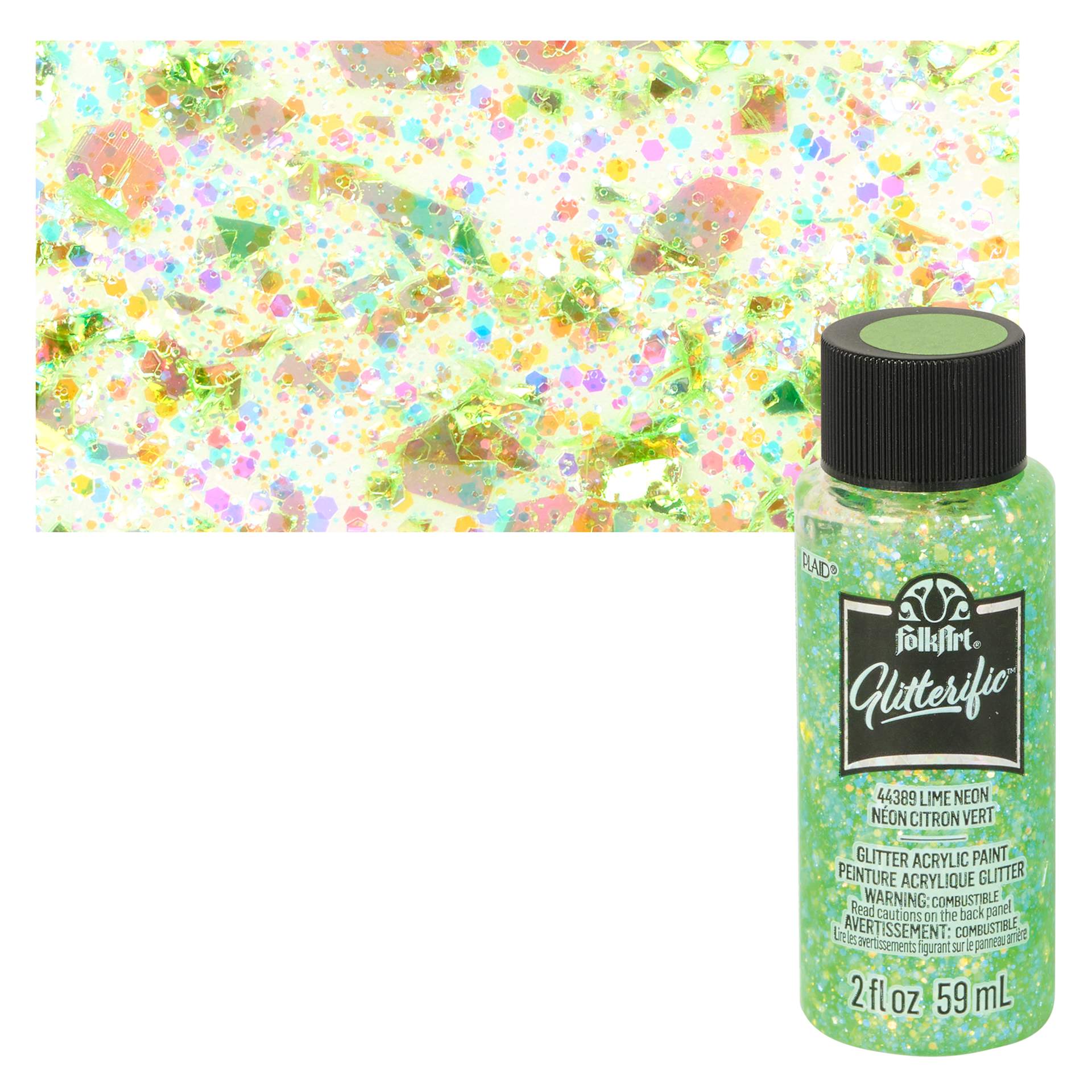 FolkArt Glitterific Acrylic Paint - Neon Lime - Bottle and Swatch