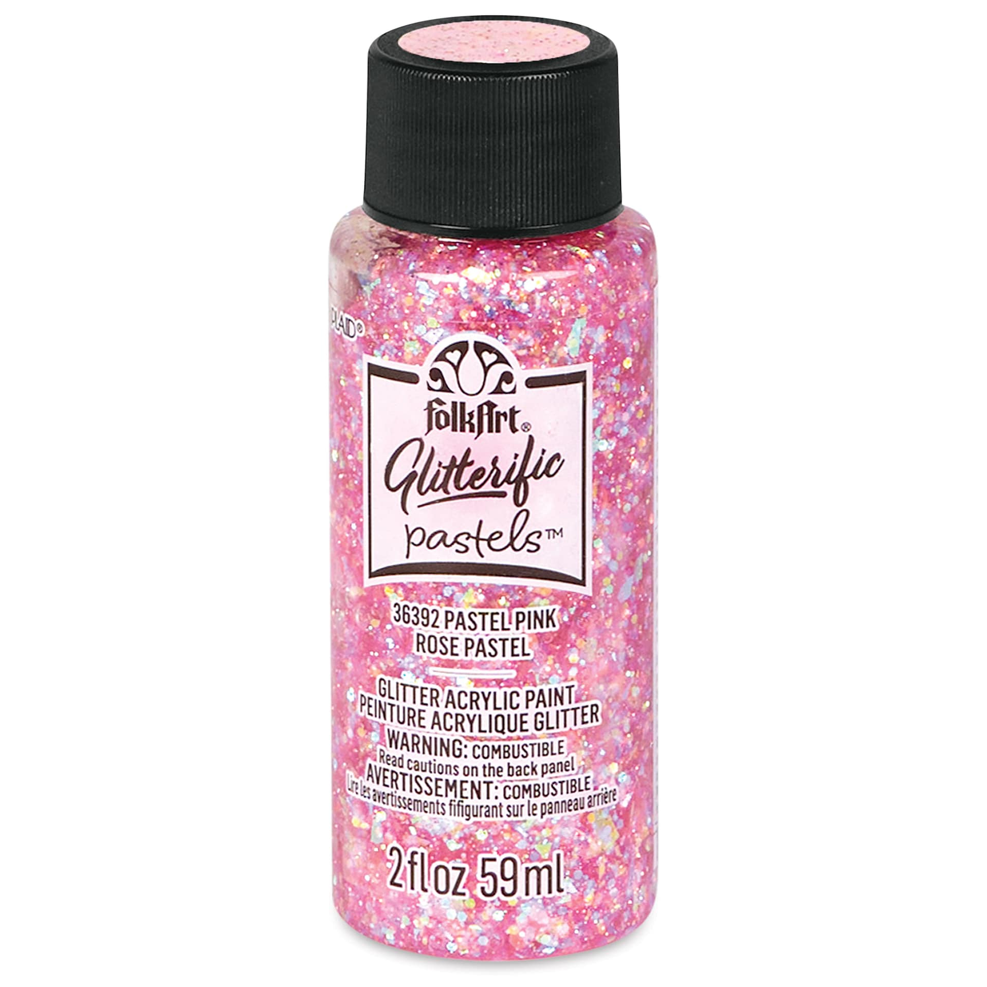 FolkArt Glitterific Pastel Paint - Pastel Pink, 2 oz, front of bottle