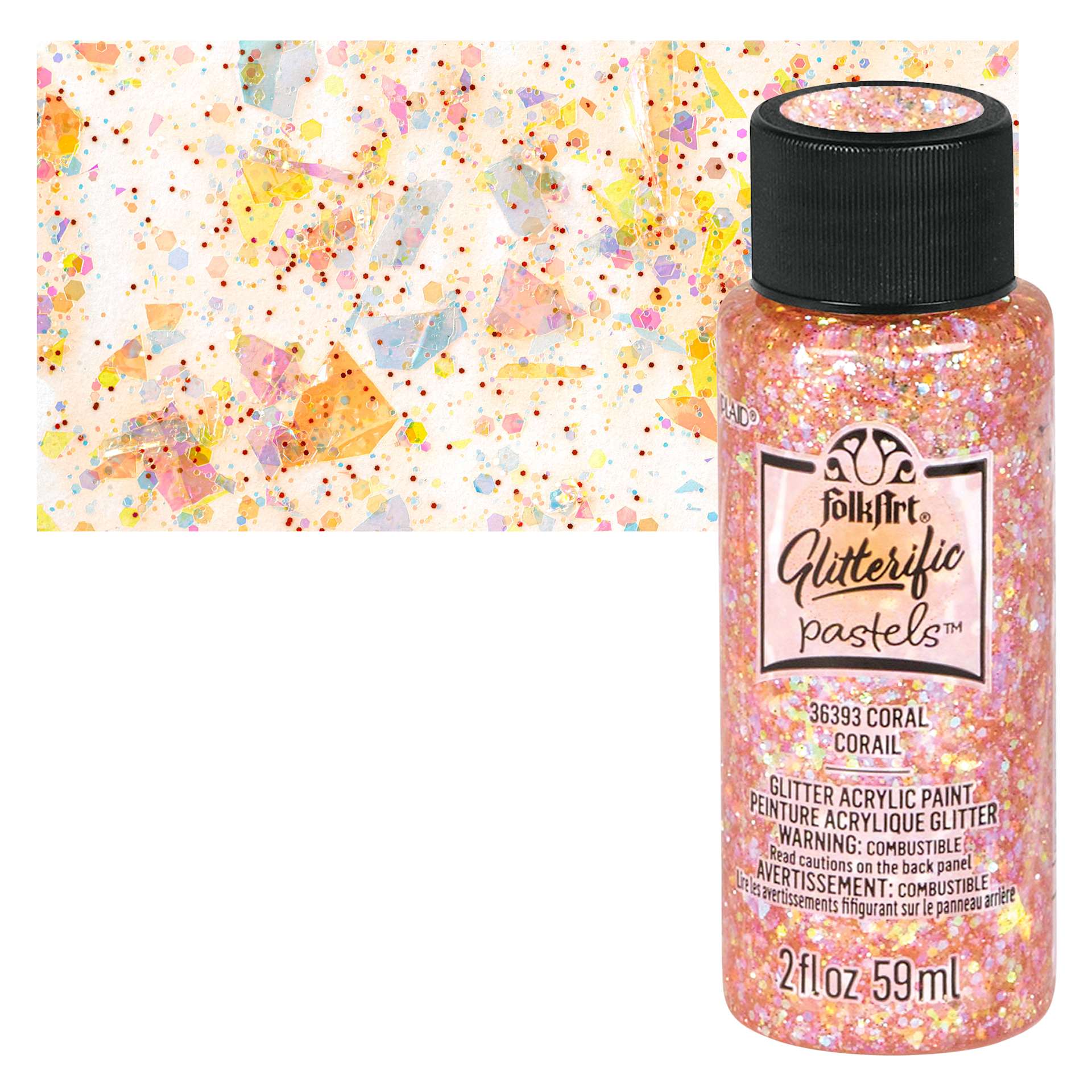 FolkArt Glitterific Pastel Paint - Pastel Coral, 2 oz, bottle with swatch
