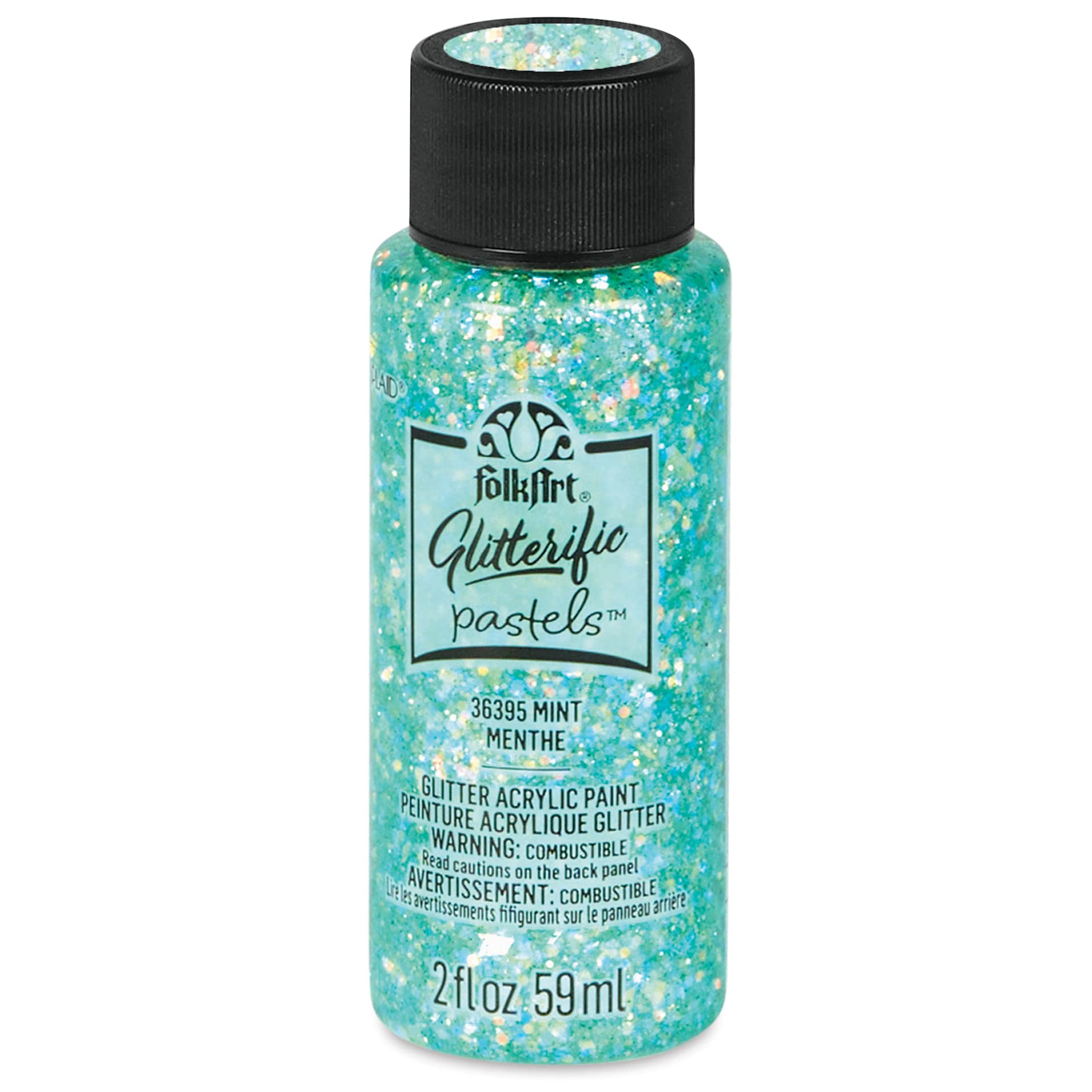 FolkArt Glitterific Pastel Paint - Pastel Mint, 2 oz, front of bottle