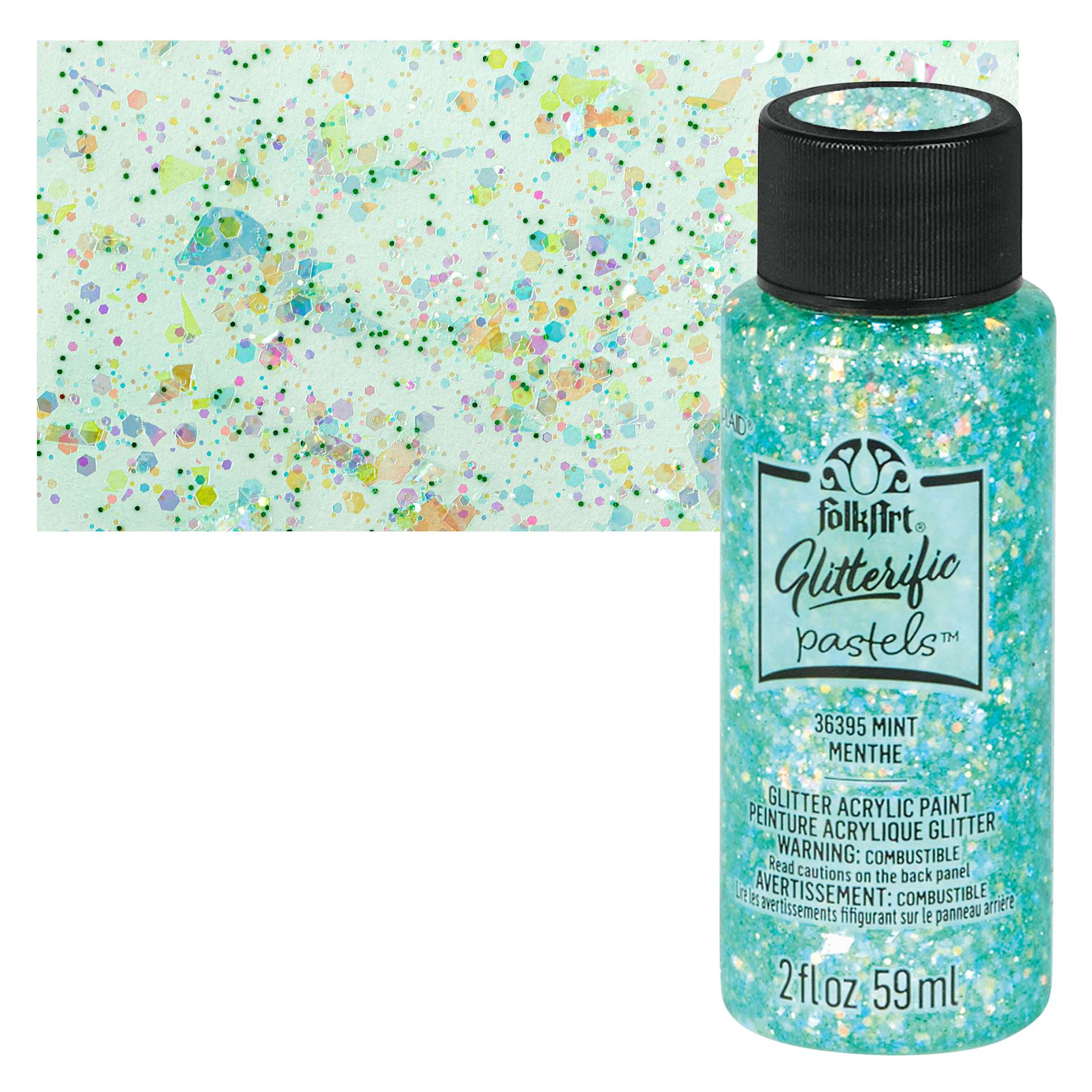 FolkArt Glitterific Pastel Paint - Pastel Mint, 2 oz, bottle with swatch