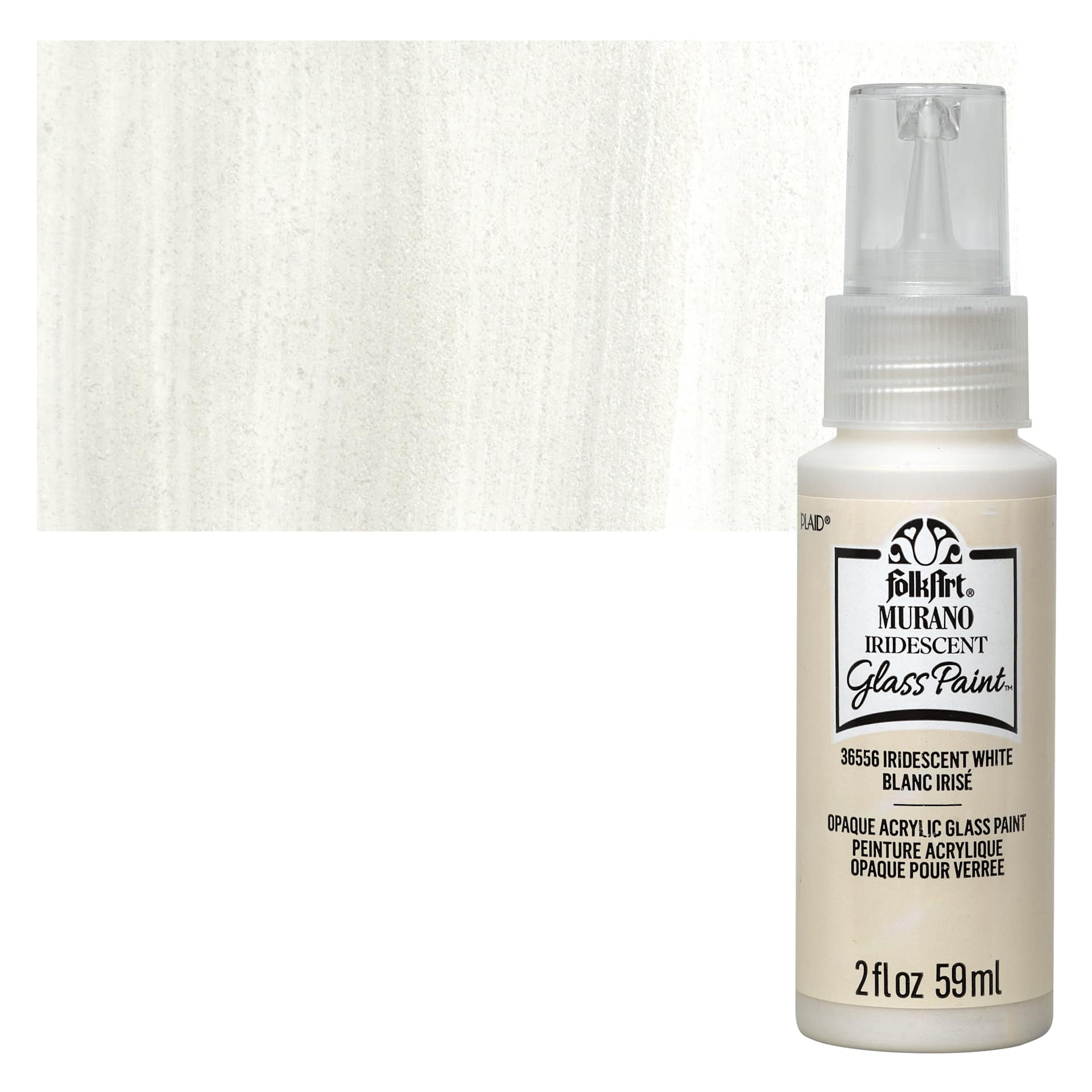 FolkArt Murano Glass Paint - Iridescent White, 2 oz bottle and swatch