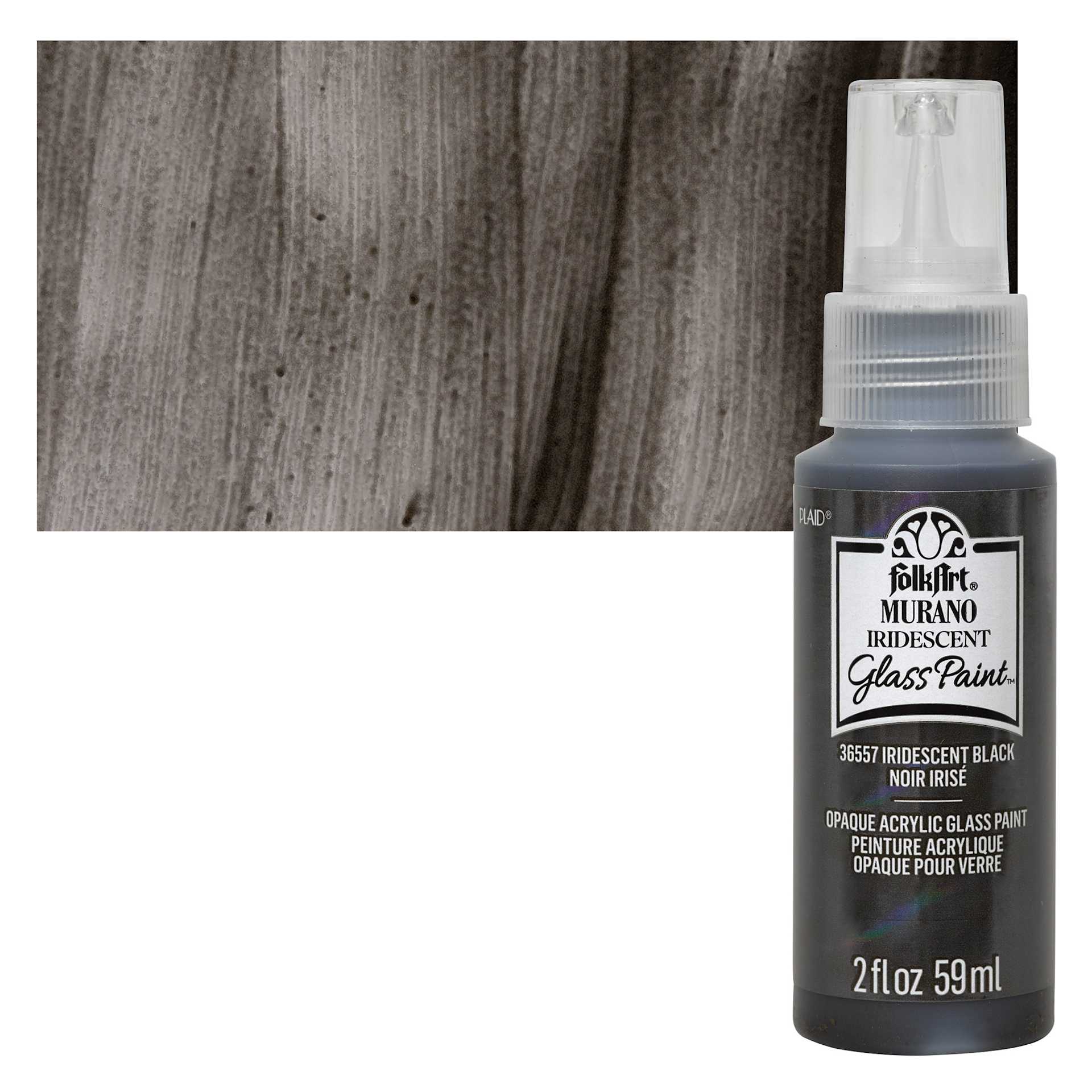 FolkArt Murano Glass Paint - Iridescent Black, 2 oz bottle and swatch