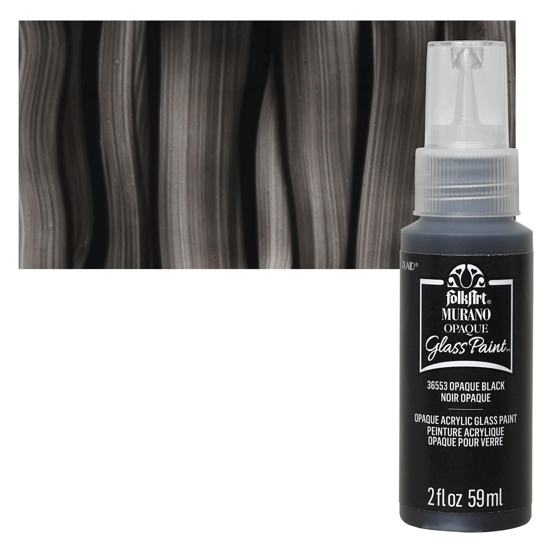 FolkArt Murano Glass Paint - Opaque Black, 2 oz bottle and swatch