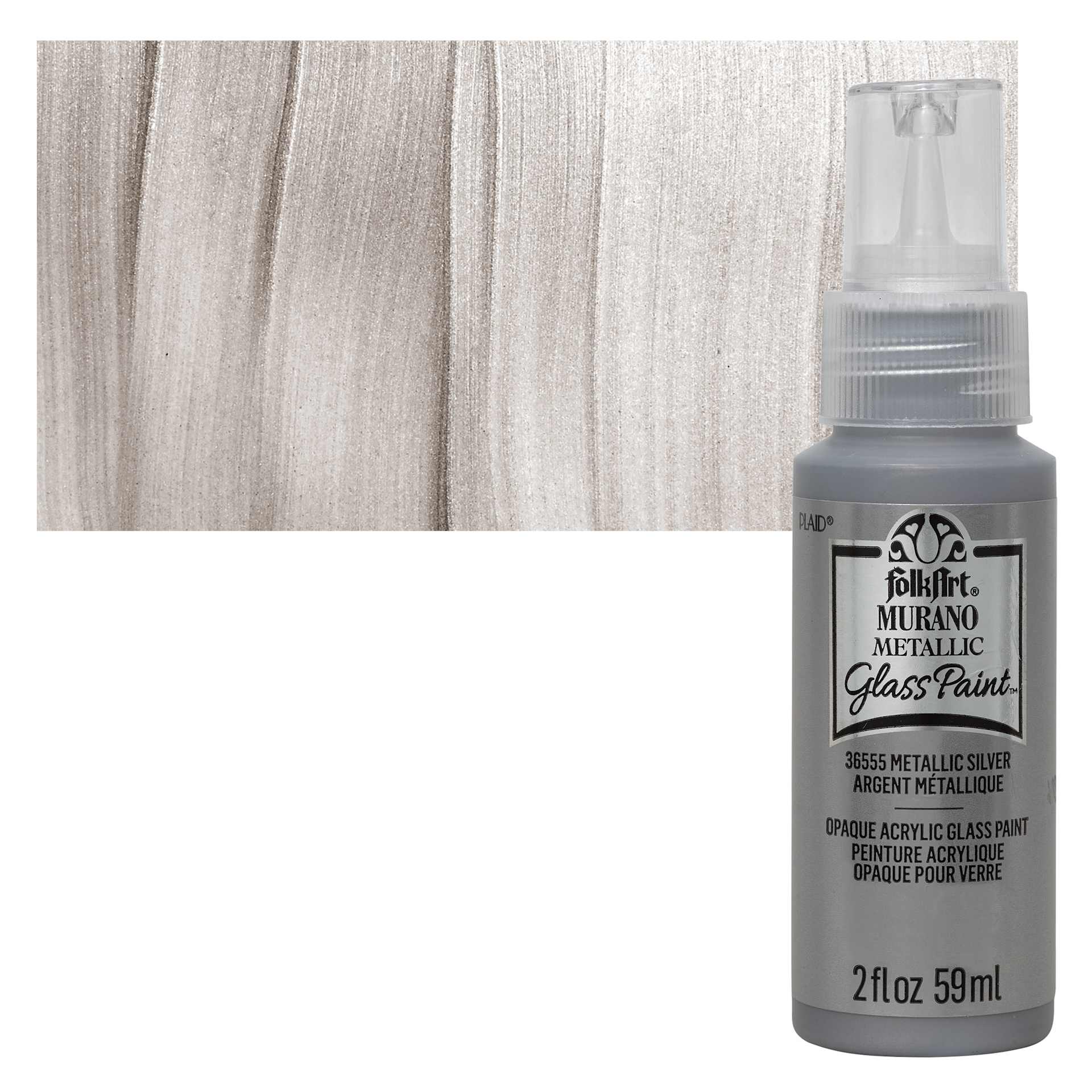 FolkArt Murano Glass Paint - Metallic Silver, 2 oz bottle and swatch