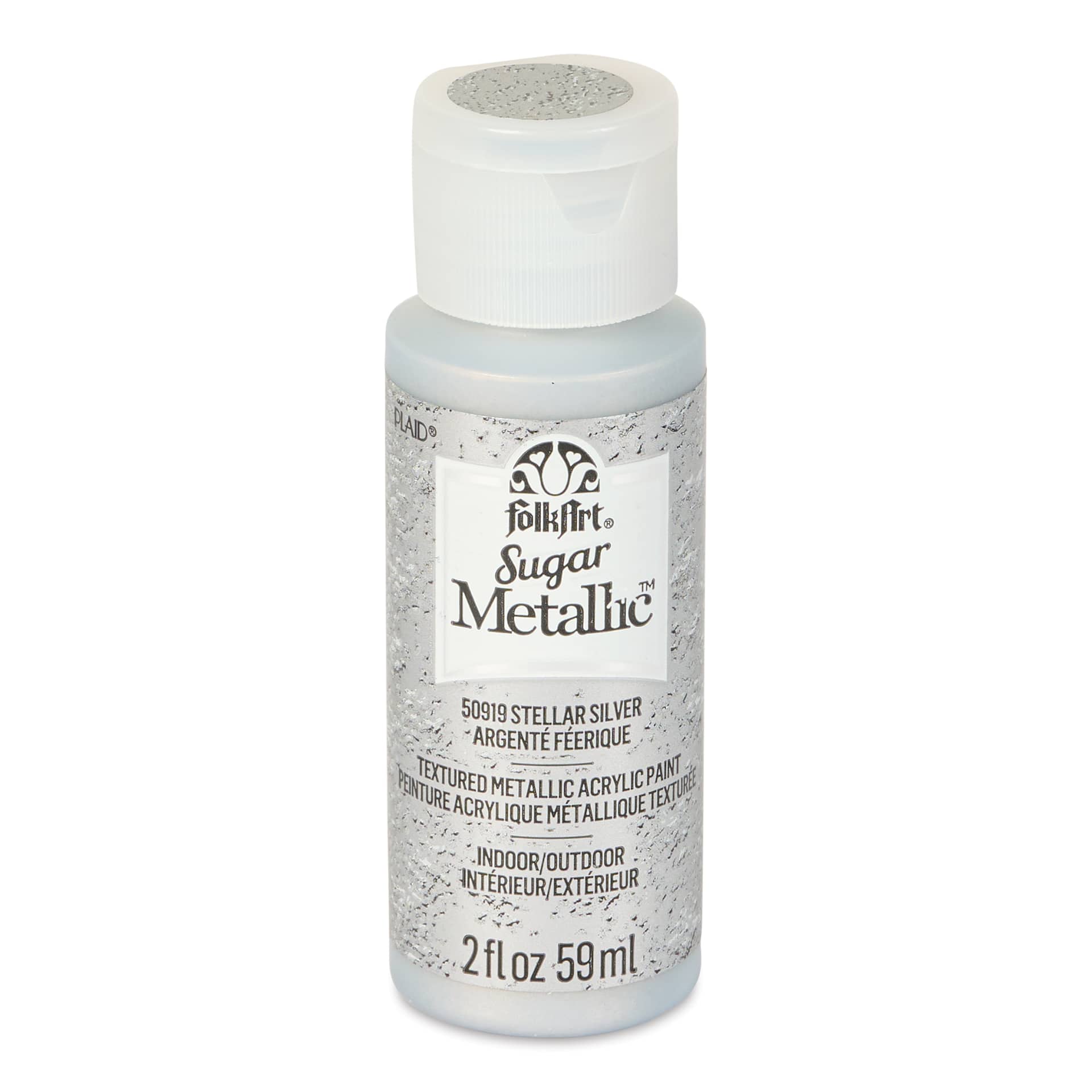 Plaid FolkArt Sugar Metallic Acrylic Paint - Stellar Silver, 2 oz, Bottle - front