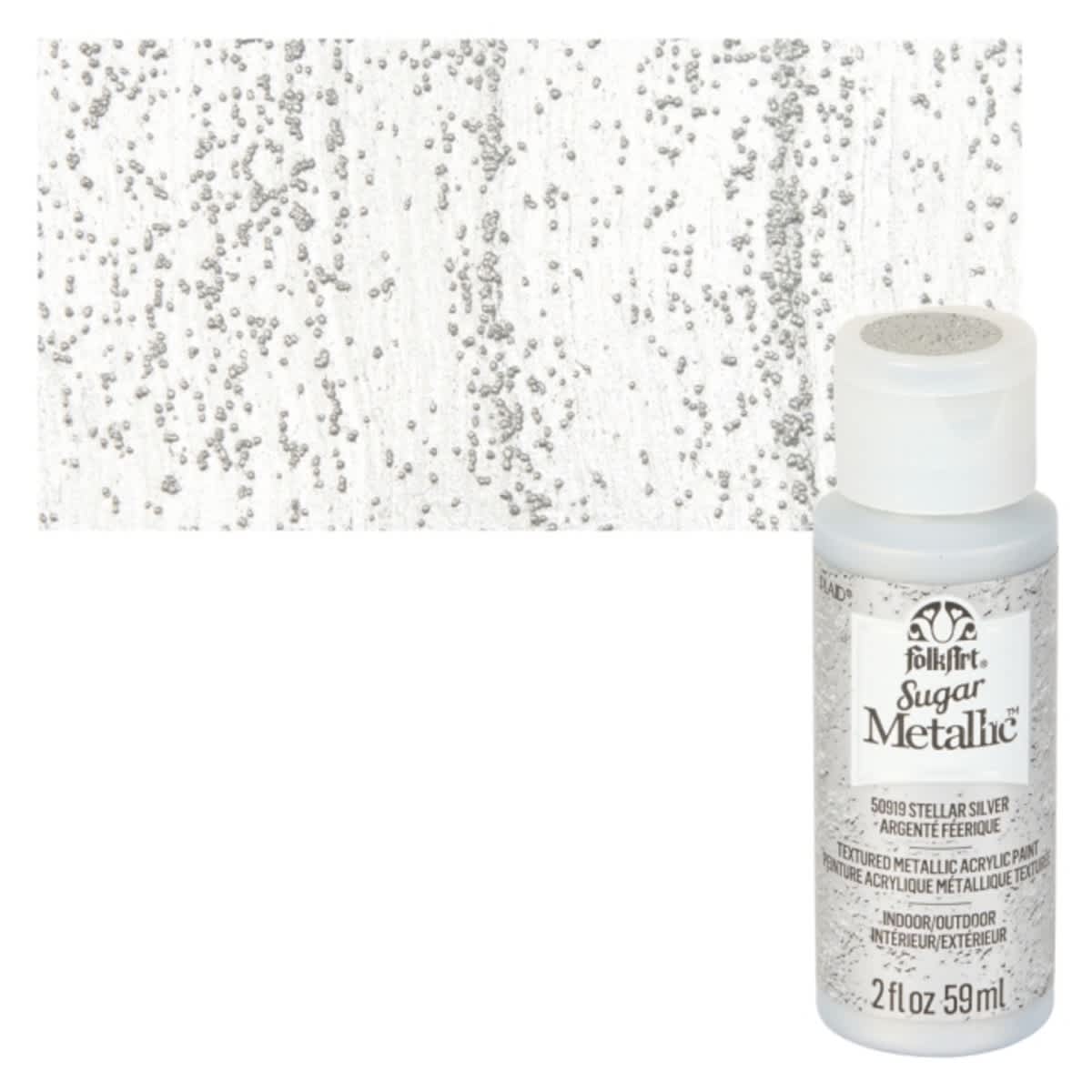 Plaid FolkArt Sugar Metallic Acrylic Paint - Stellar Silver - Bottle and Swatch