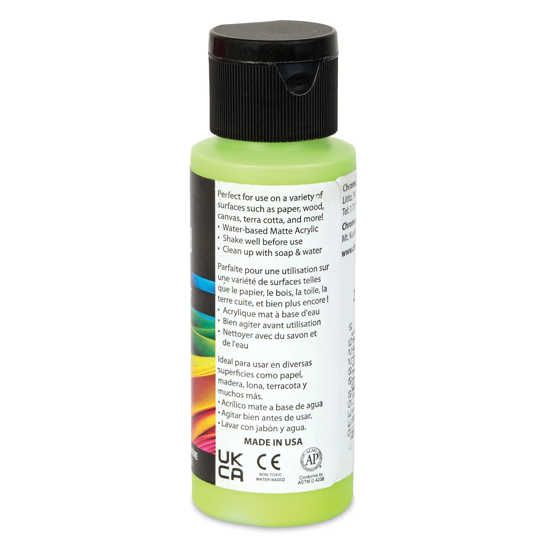 Chroma Craft Colors Acrylic Paint - Inchworm, 2 oz, showing paint usage in label