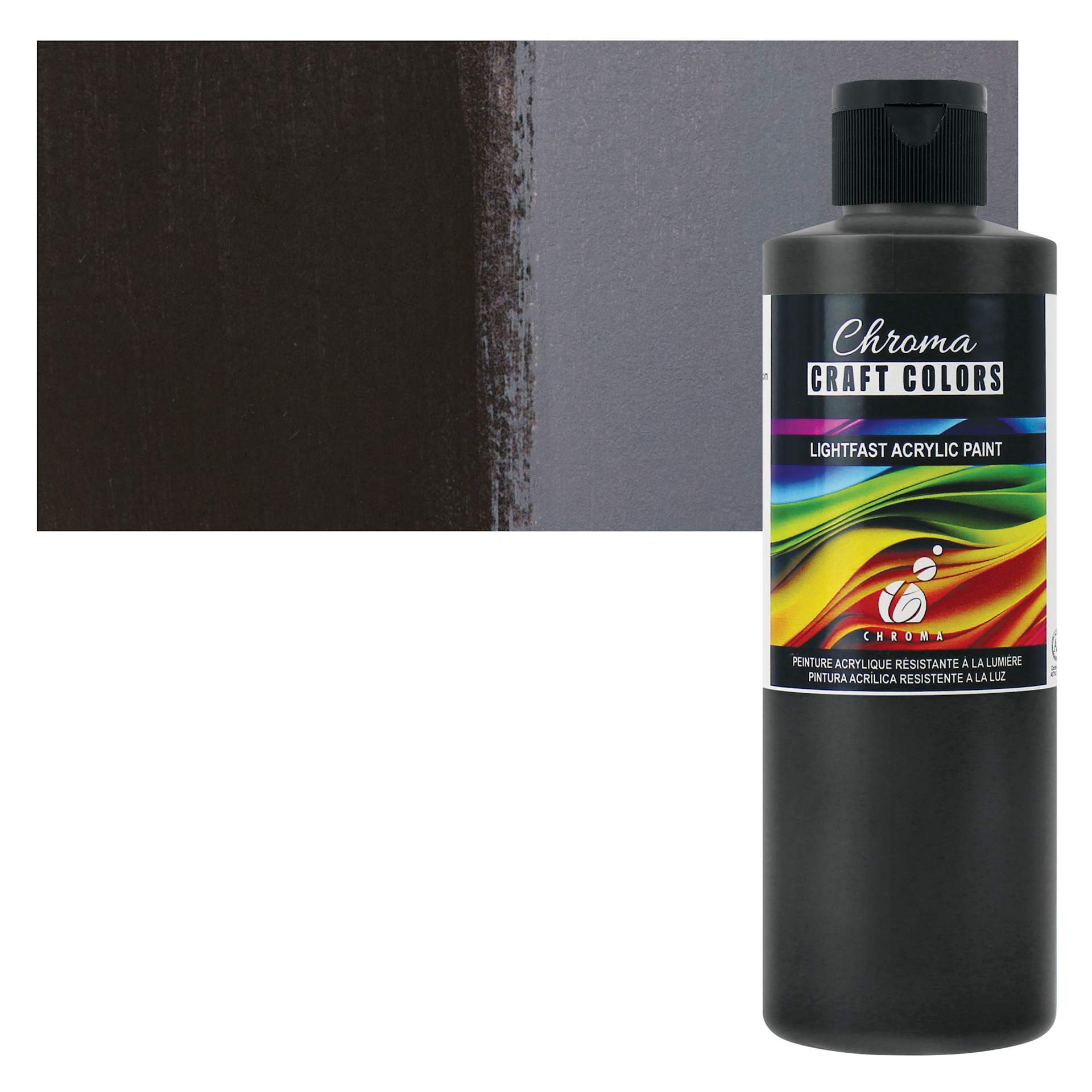 Chroma Craft Colors Acrylic Paint - Raven, 8 oz, swatch and bottle